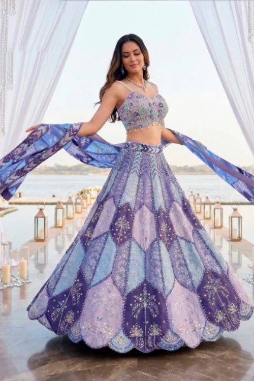 Lavender Prism embroidered lehenga set, a fitted blouse and full skirt that need separate measurements