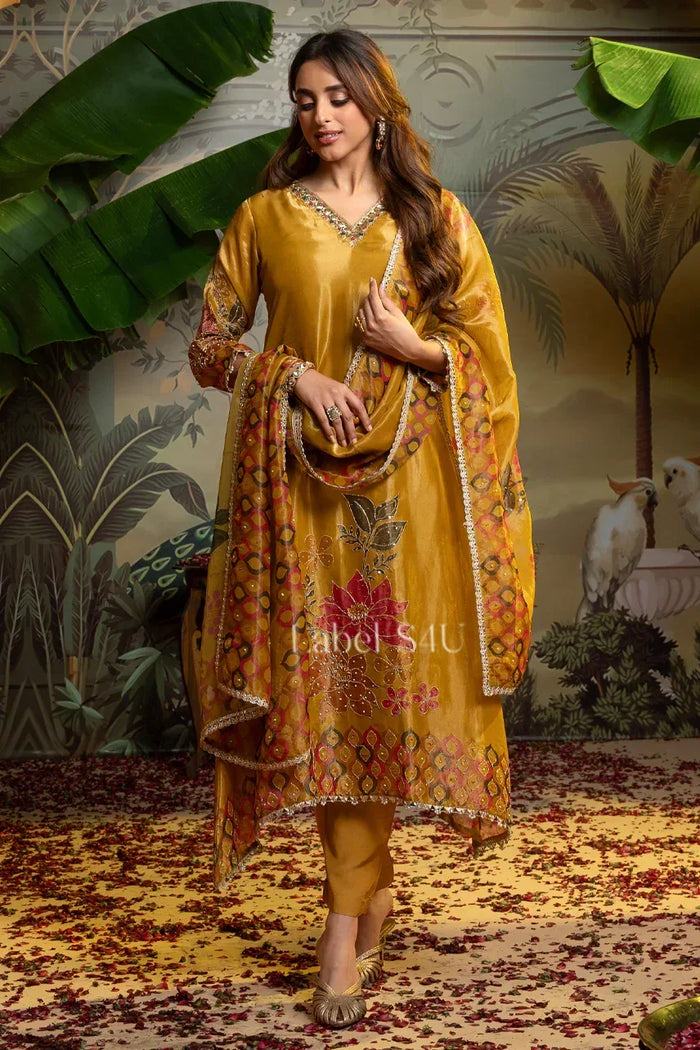 Mustard gold velvet suit set with floral embroidery, a Lohri-register colour for a January bonfire