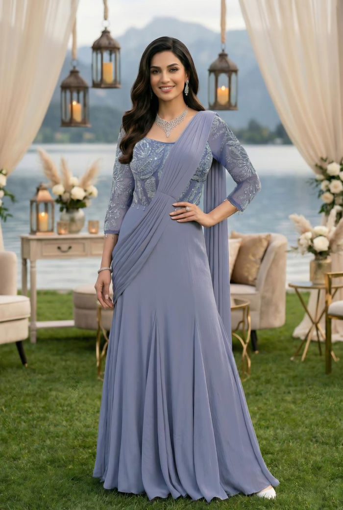 Lavender draped saree gown with embroidered bodice and a pallu stitched into the skirt