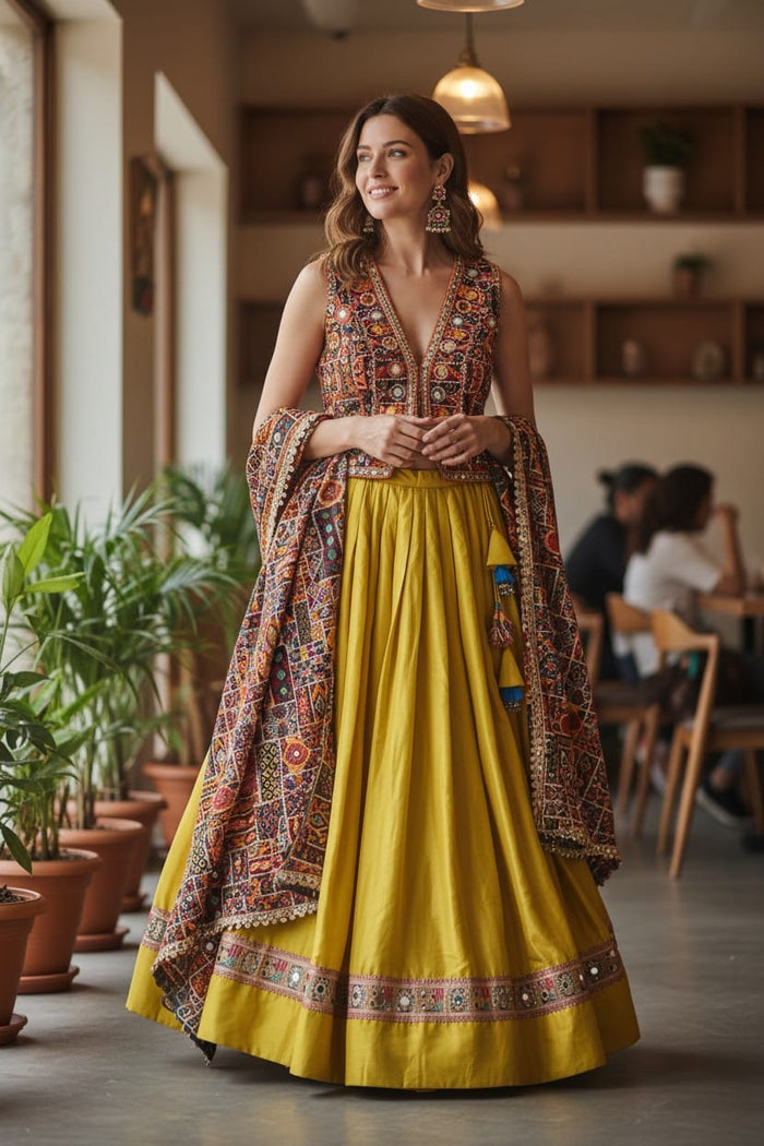 Mustard Kutchi mirror lehenga set with a full flared skirt, cut for garba dancing