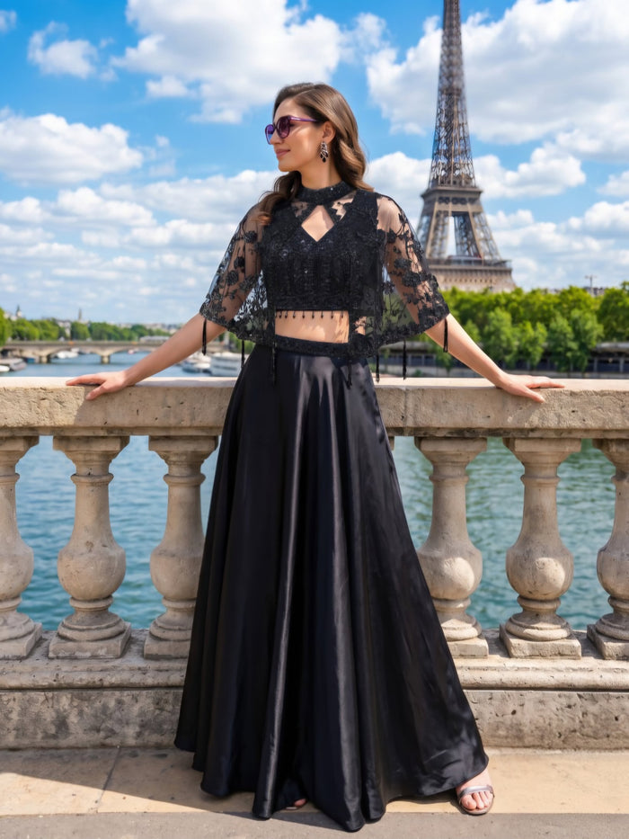 Midnight black embroidered lehenga set photographed for a Canadian occasion wear price guide