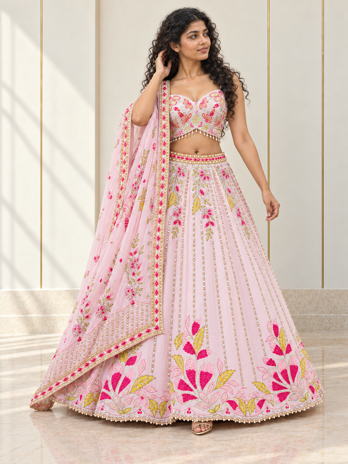 Blush pink multicolour floral mirrorwork lehenga set photographed on a model