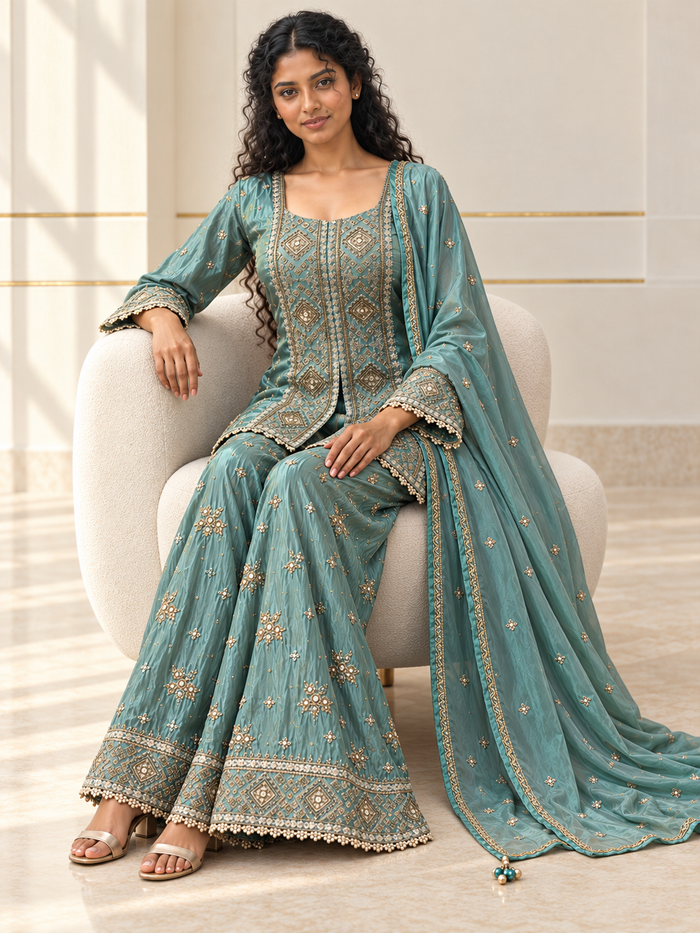 Dusty turquoise sharara set with antique gold geometric embroidery