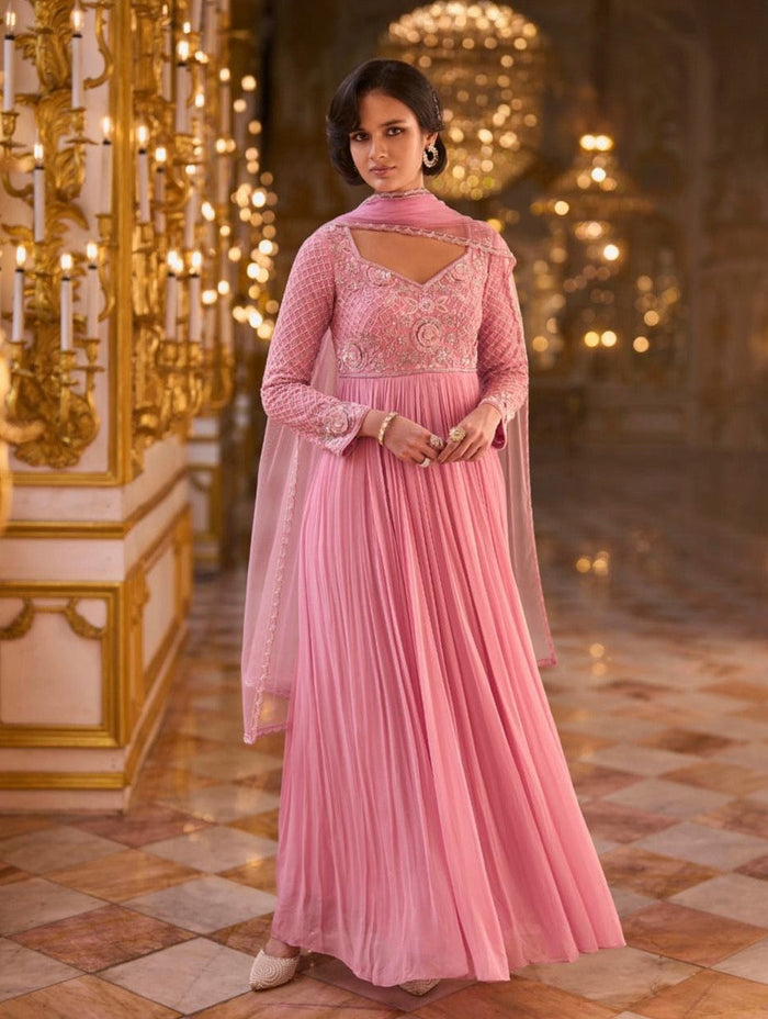Rose pink floor-length anarkali with silver floral beadwork and a sheer dupatta, from the live Canadian catalogue