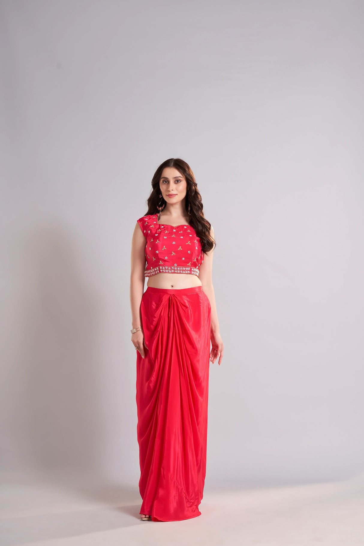 Radiant Red Draped Saree with Embroidered Crop Top & Cape Jacket – Designer Wedding & Festive Outfit - MishUUU