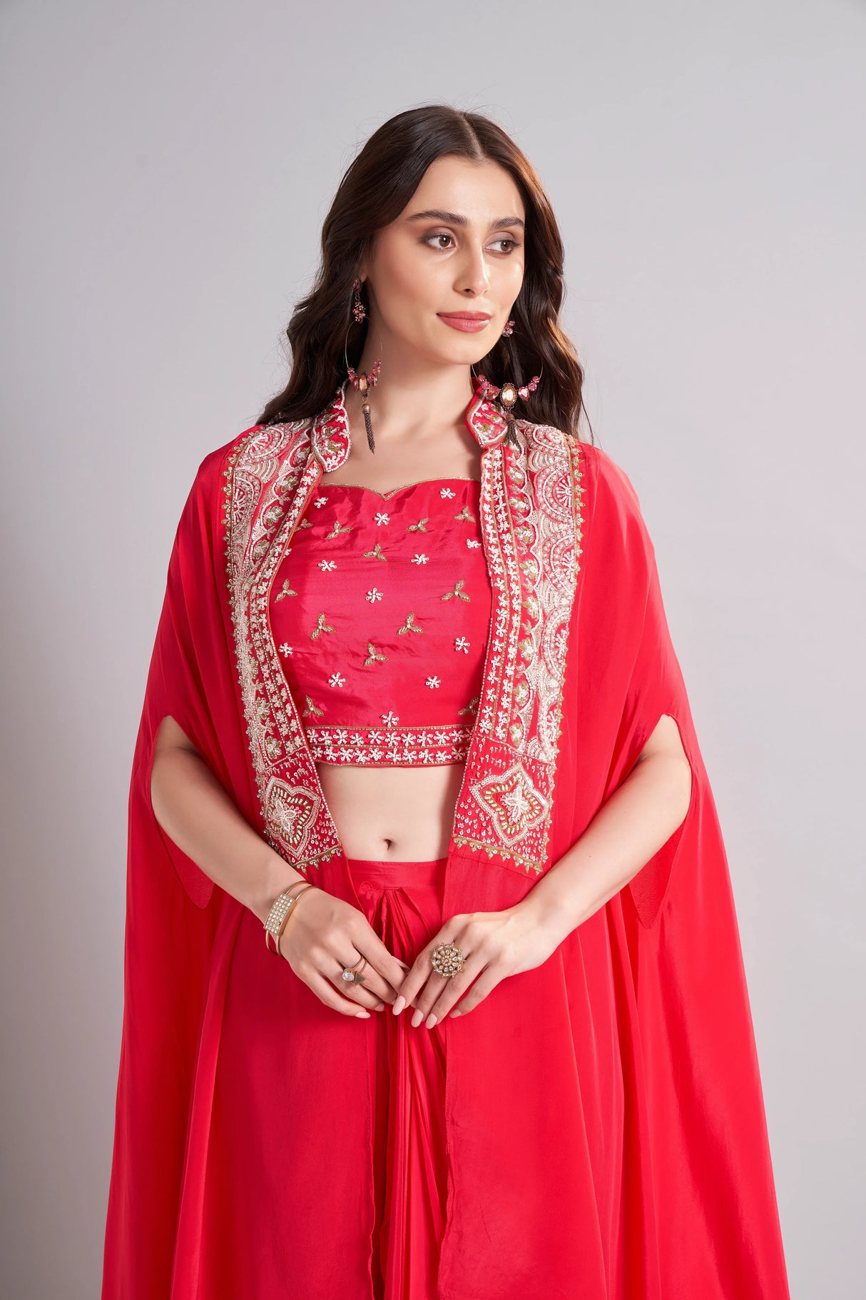 Radiant Red Draped Saree with Embroidered Crop Top & Cape Jacket – Designer Wedding & Festive Outfit - MishUUU