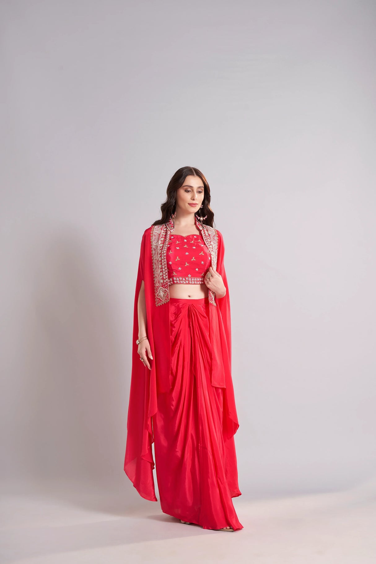Radiant Red Draped Saree with Embroidered Crop Top & Cape Jacket – Designer Wedding & Festive Outfit - MishUUU