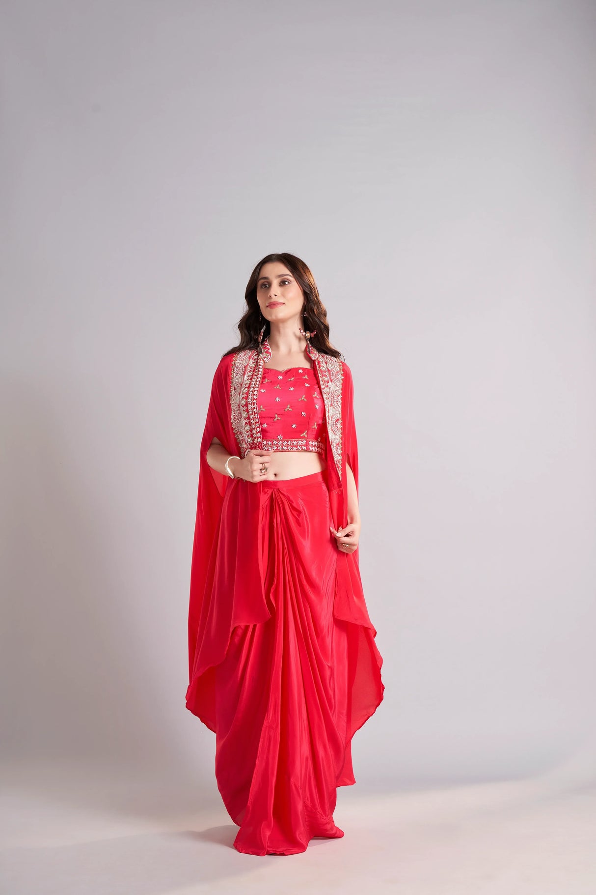 Radiant Red Draped Saree with Embroidered Crop Top & Cape Jacket – Designer Wedding & Festive Outfit - MishUUU