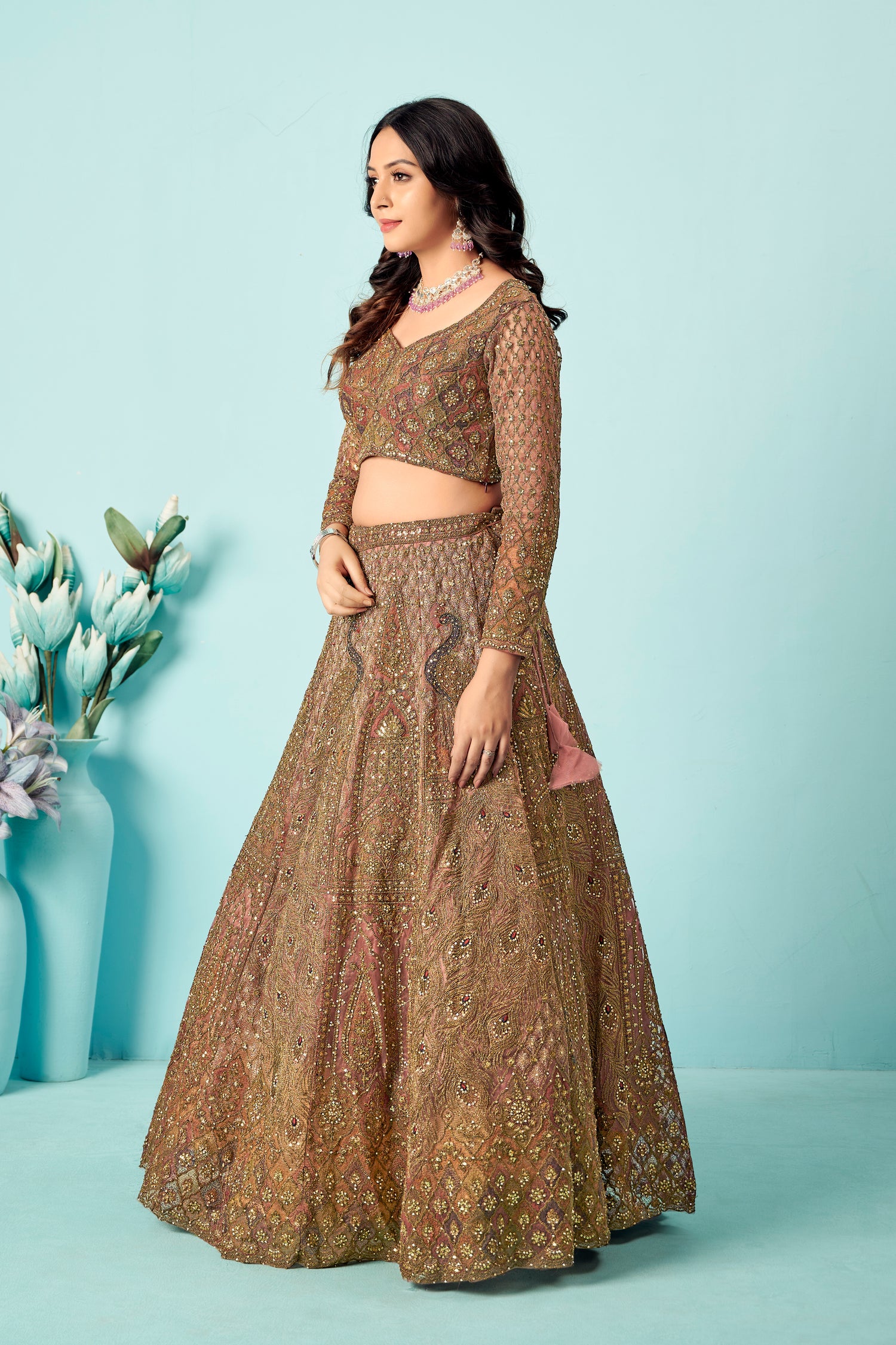 Antique Mauve Embroidered Lehenga Choli – Vintage Bridal Couture