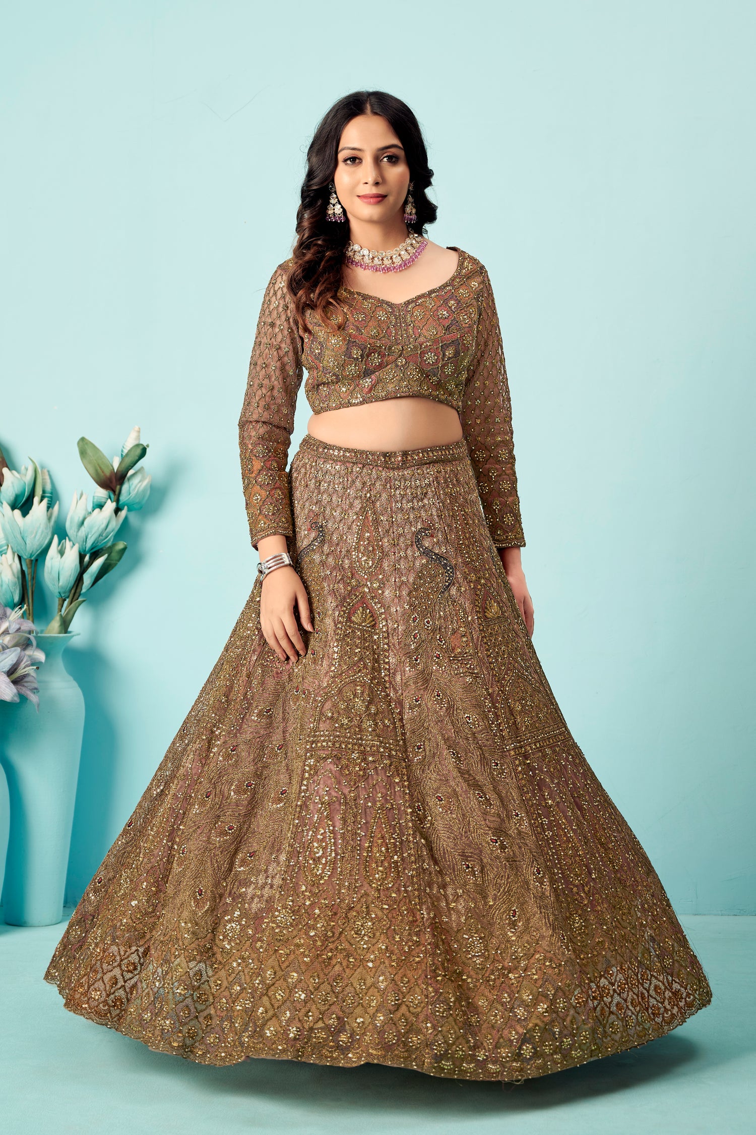 Antique Mauve Embroidered Lehenga Choli – Vintage Bridal Couture