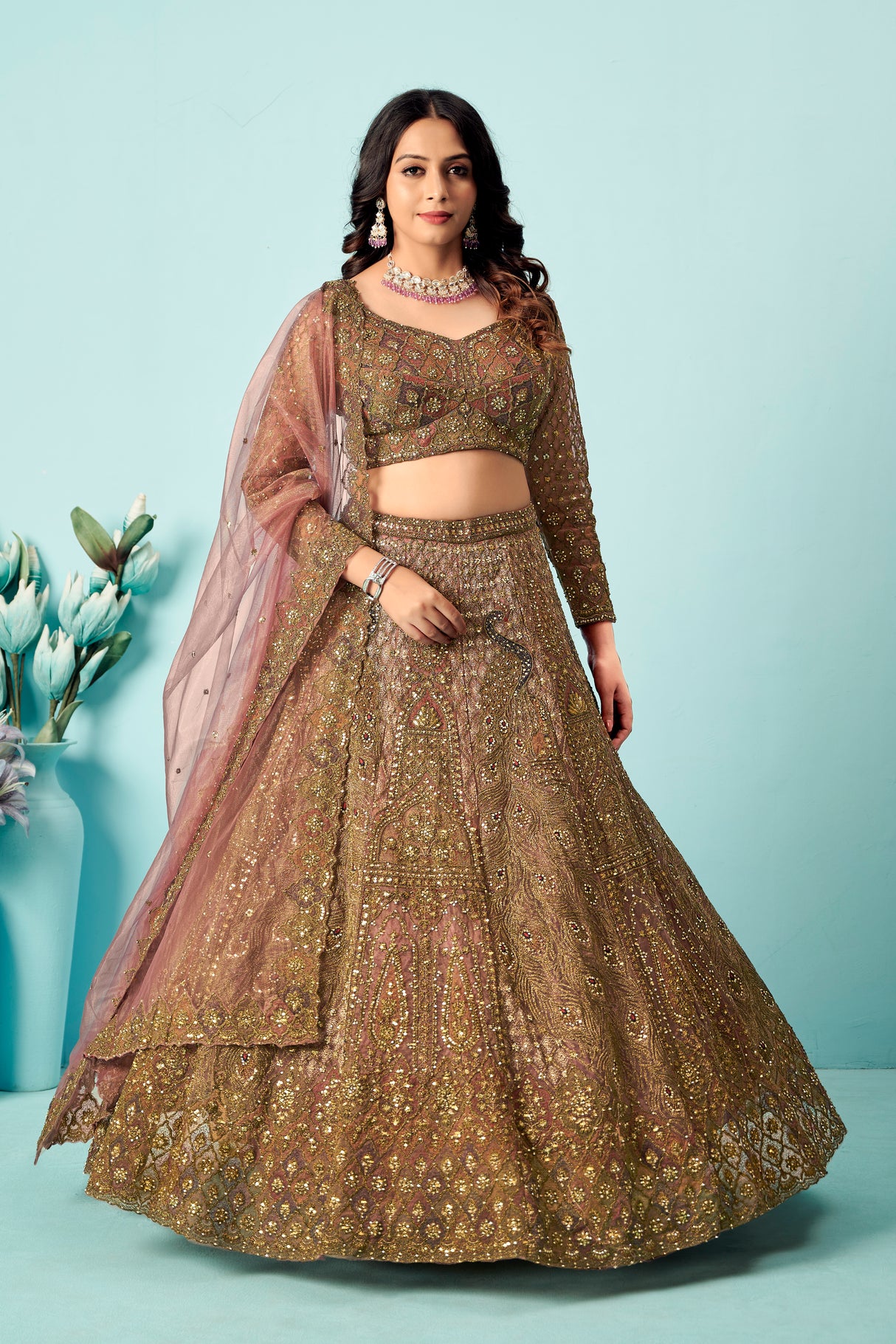 Antique Mauve Embroidered Lehenga Choli – Vintage Bridal Couture