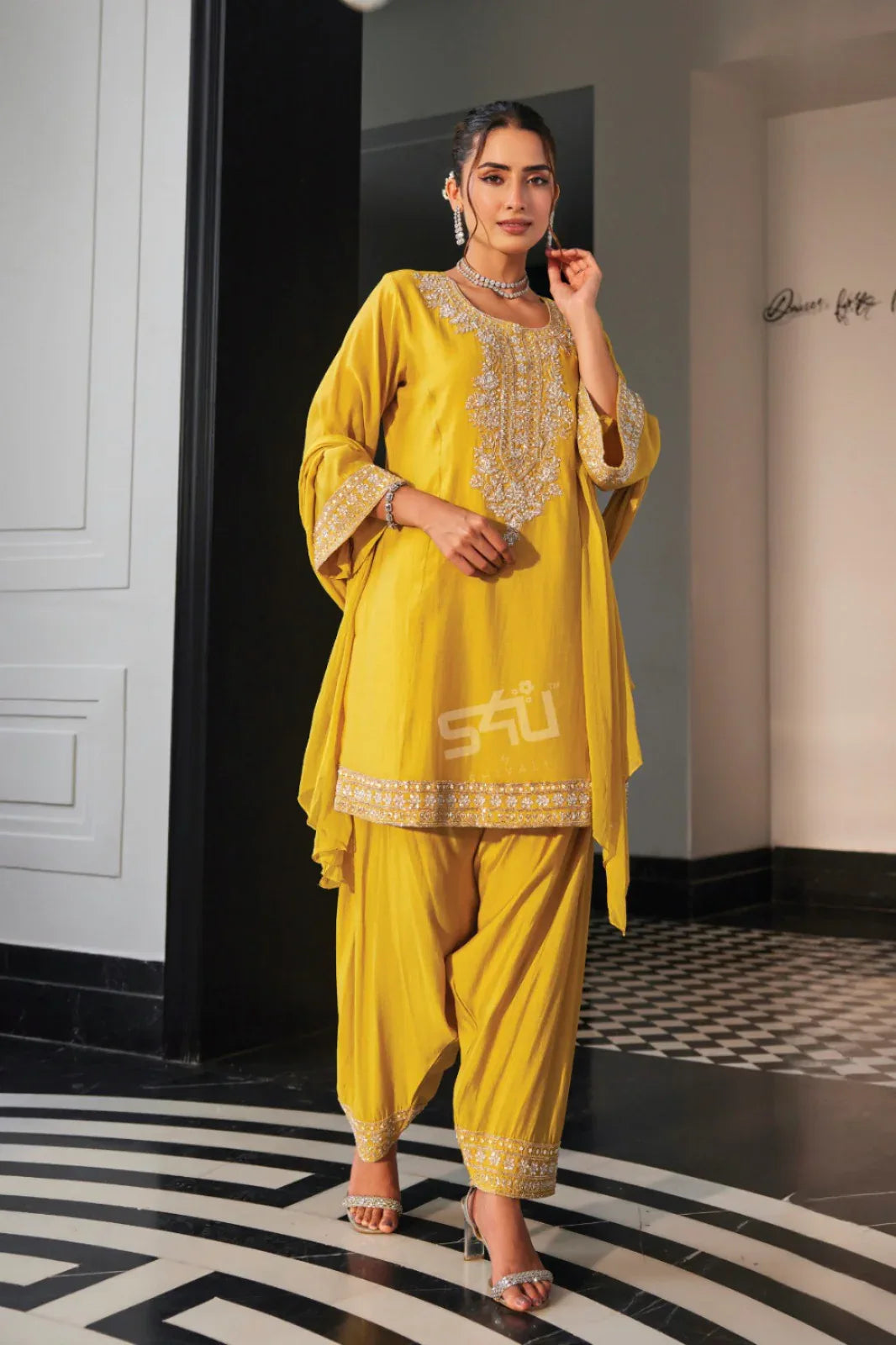 Mustard Yellow Farshi Salwar Set with Mirror and Thread Detailing | Label S4U - MishUUU