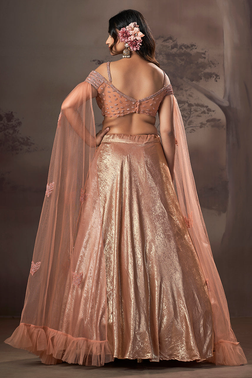 Peach Gold Celestial Cape Lehenga