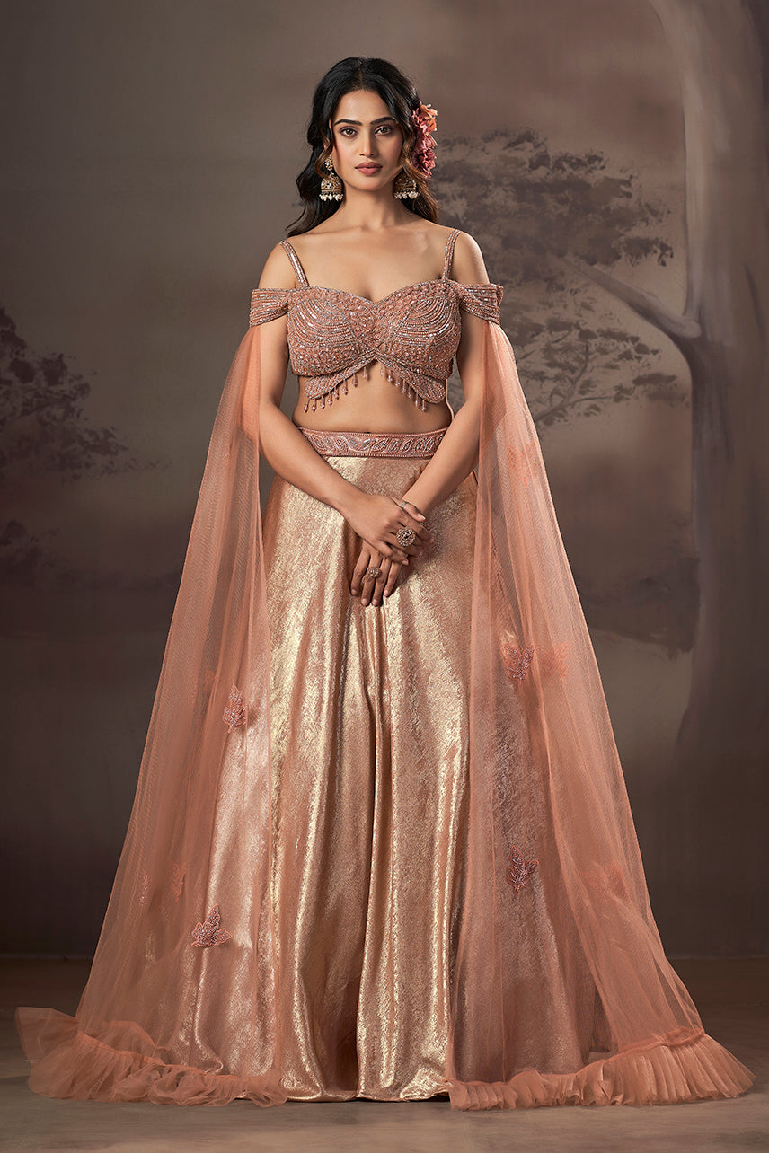 Peach Gold Celestial Cape Lehenga