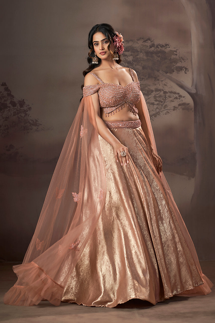 Peach Gold Celestial Cape Lehenga