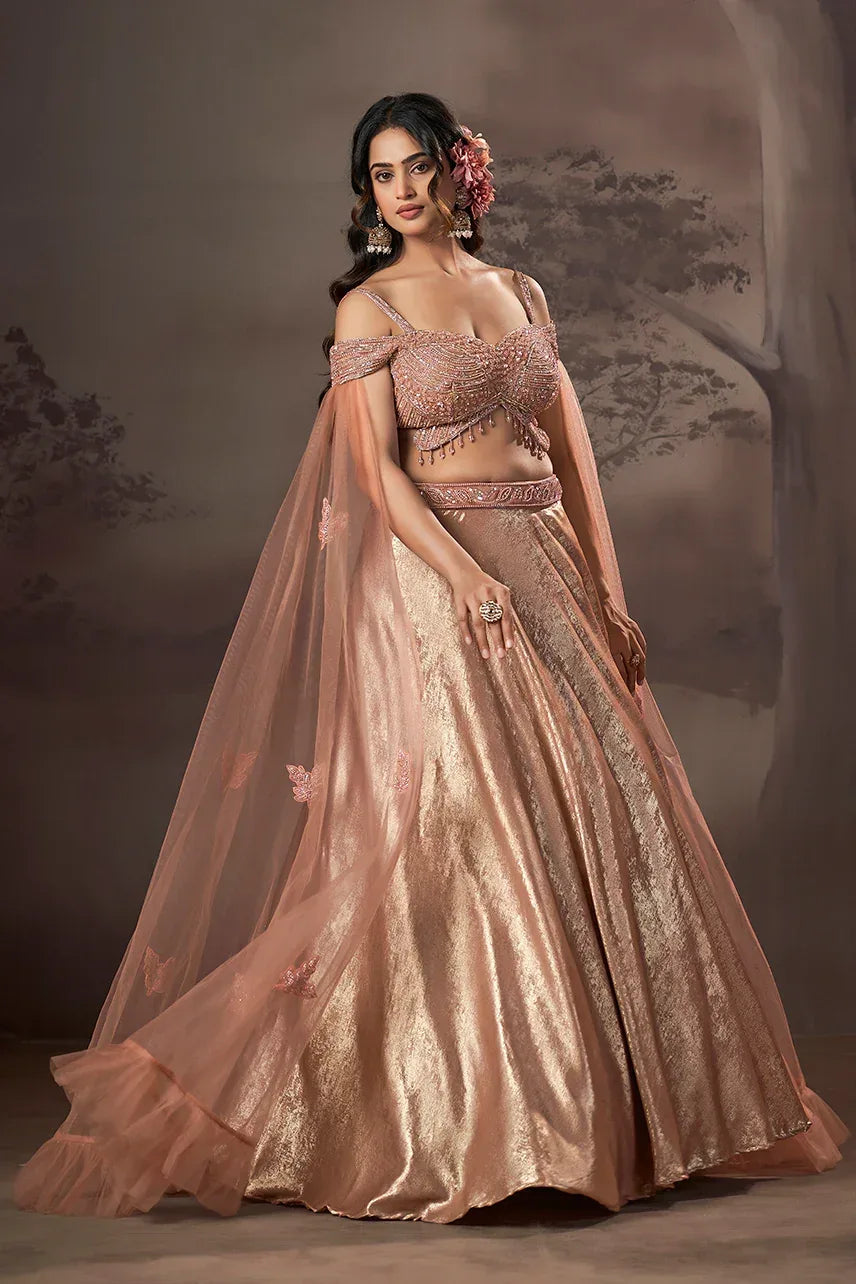 Peach Gold Celestial Cape Lehenga - MishUUU