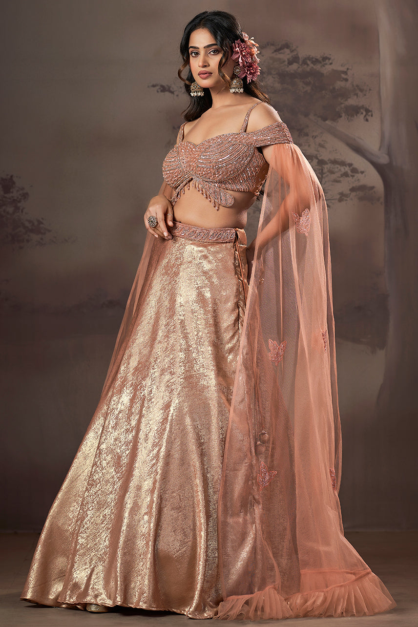 Peach Gold Celestial Cape Lehenga