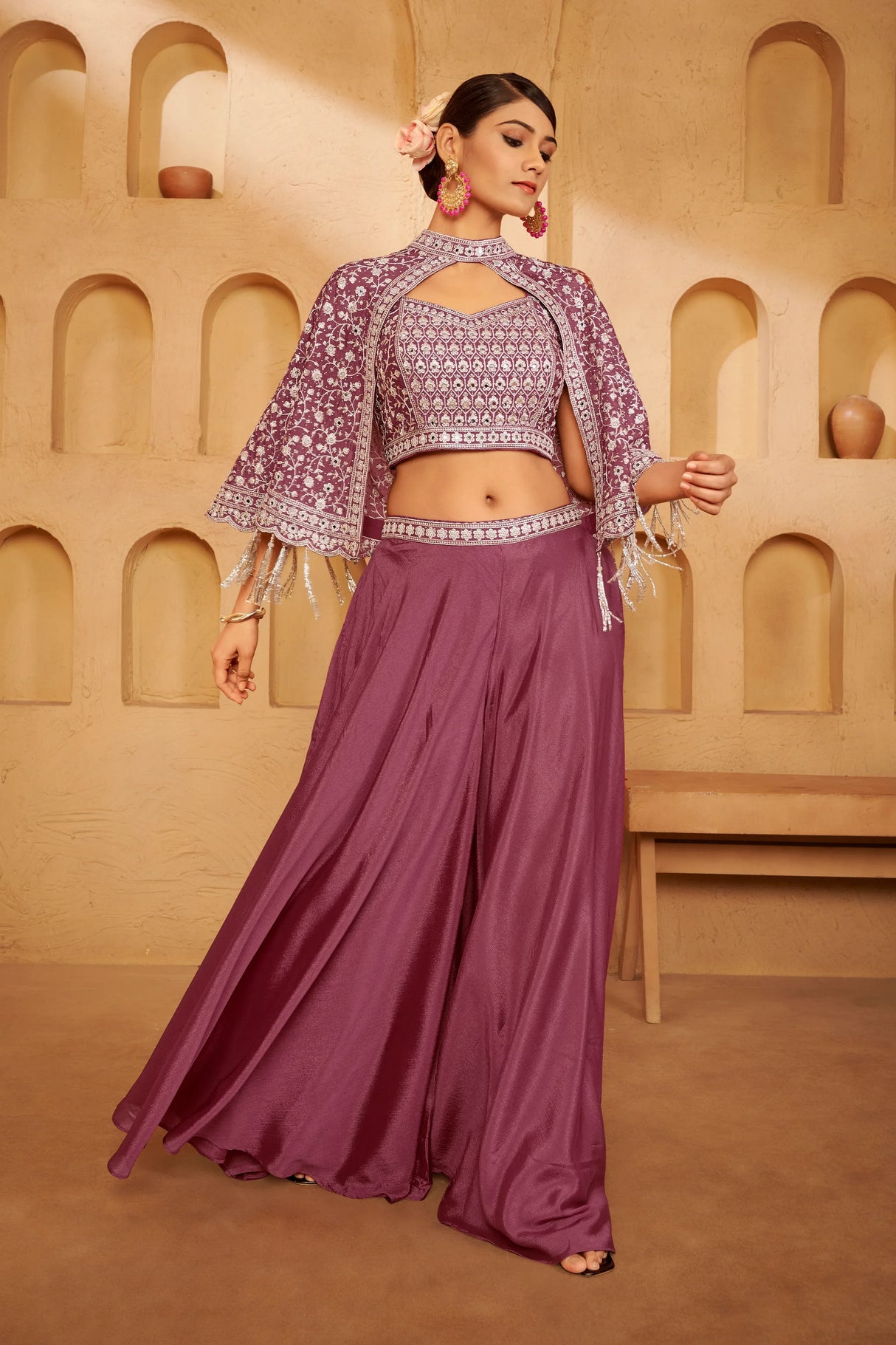 Plum Mauve Embroidered Ethnic Set – Contemporary Elegance with Traditional Detailing - MishUUU