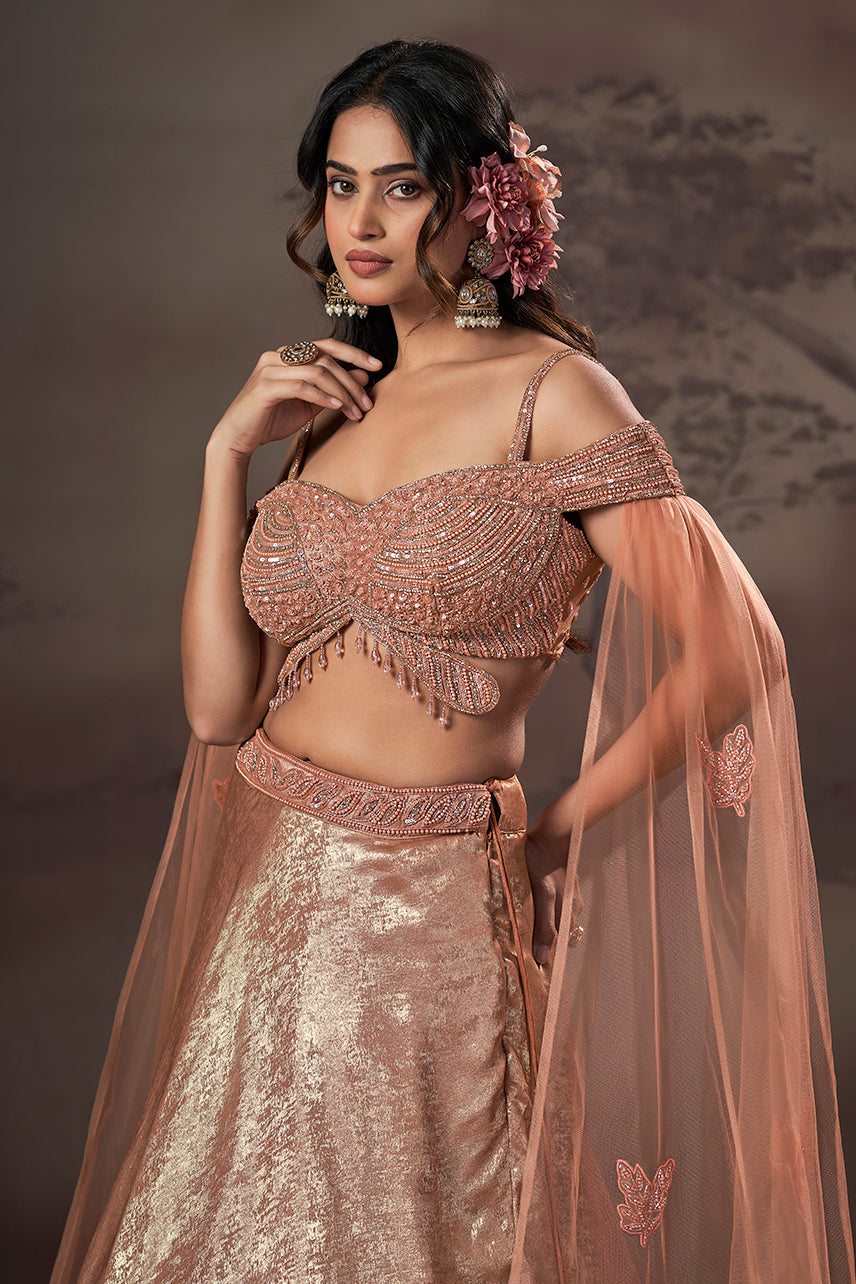 Peach Gold Celestial Cape Lehenga