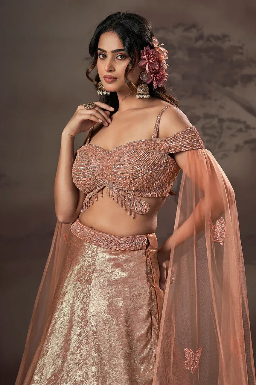 Peach Gold Celestial Cape Lehenga - MishUUU