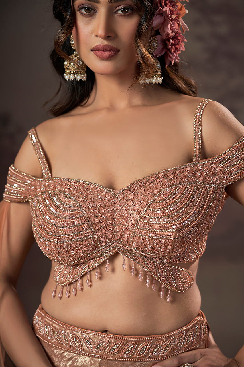 Peach Gold Celestial Cape Lehenga