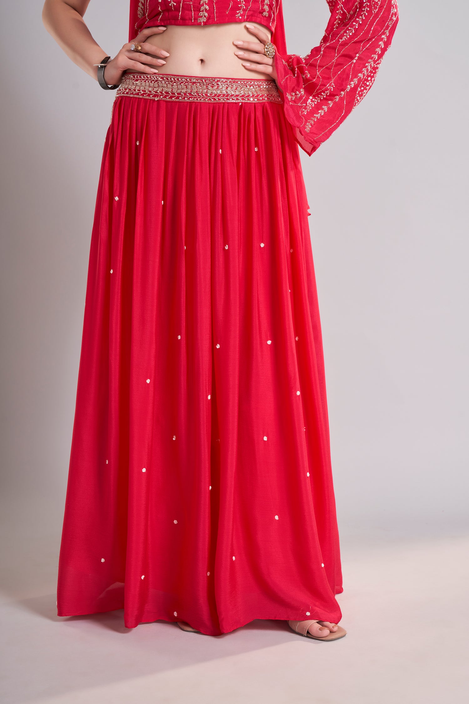 Crimson Red One-Shoulder Embellished Crop Top with Flowing Skirt – Glamorous Sangeet & Cocktail Outfit