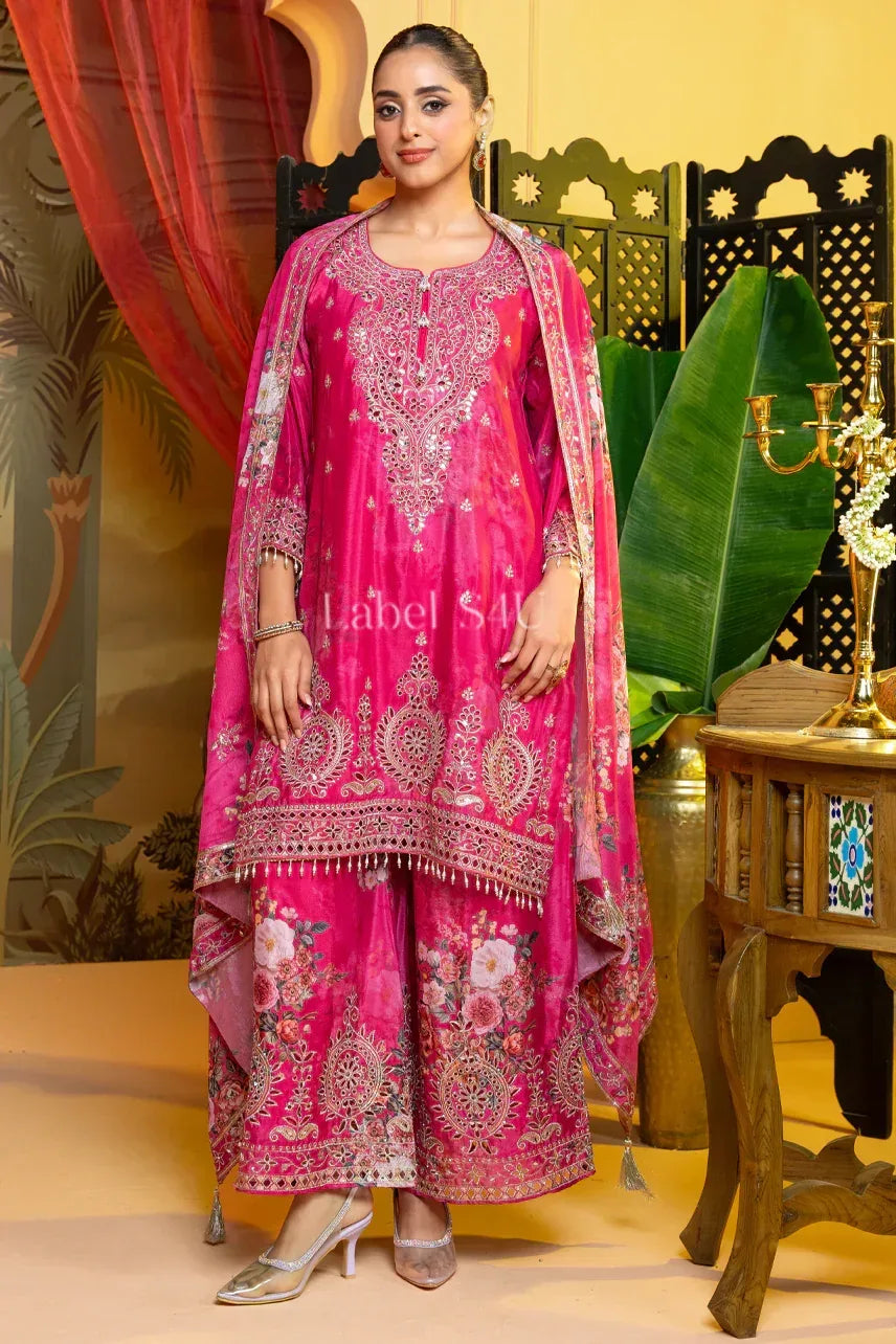 Fuchsia Pink Hand-Crafted Palazzo Suit with Dupatta | Label S4U - MishUUU