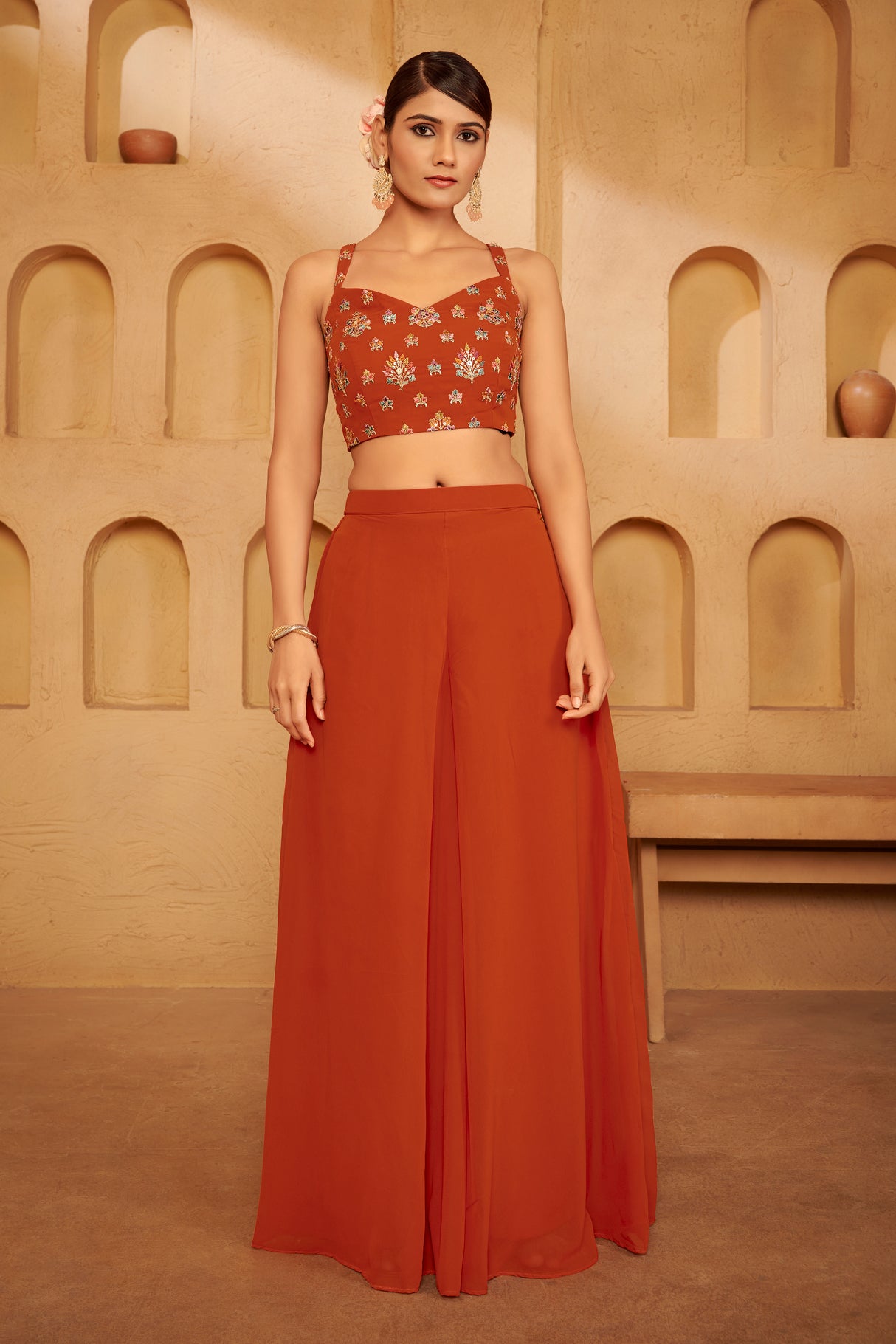 Burnt Rust Embroidered Ethnic Set – Bold Contemporary Luxury with Heritage Detailing