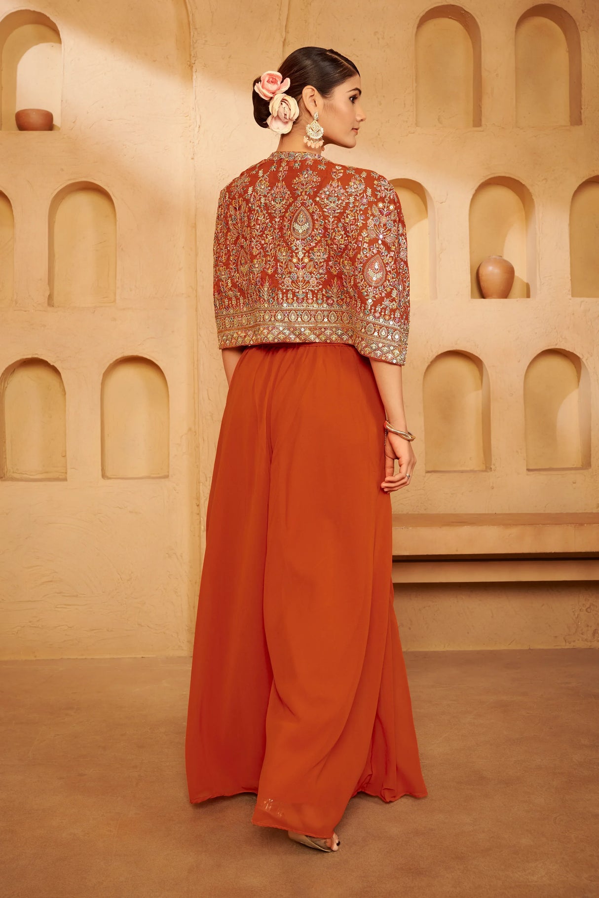 Burnt Rust Embroidered Ethnic Set – Bold Contemporary Luxury with Heritage Detailing - MishUUU