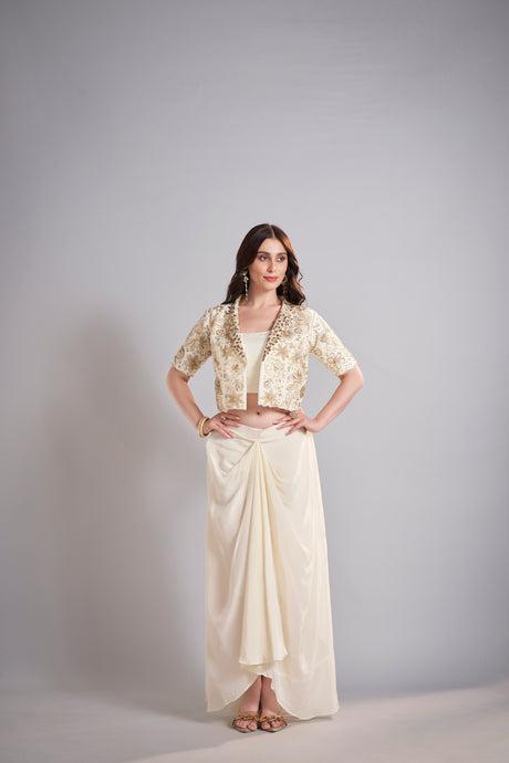 Ivory Draped Skirt with Embroidered Cropped Jacket Set – Contemporary Bridal Reception Outfit