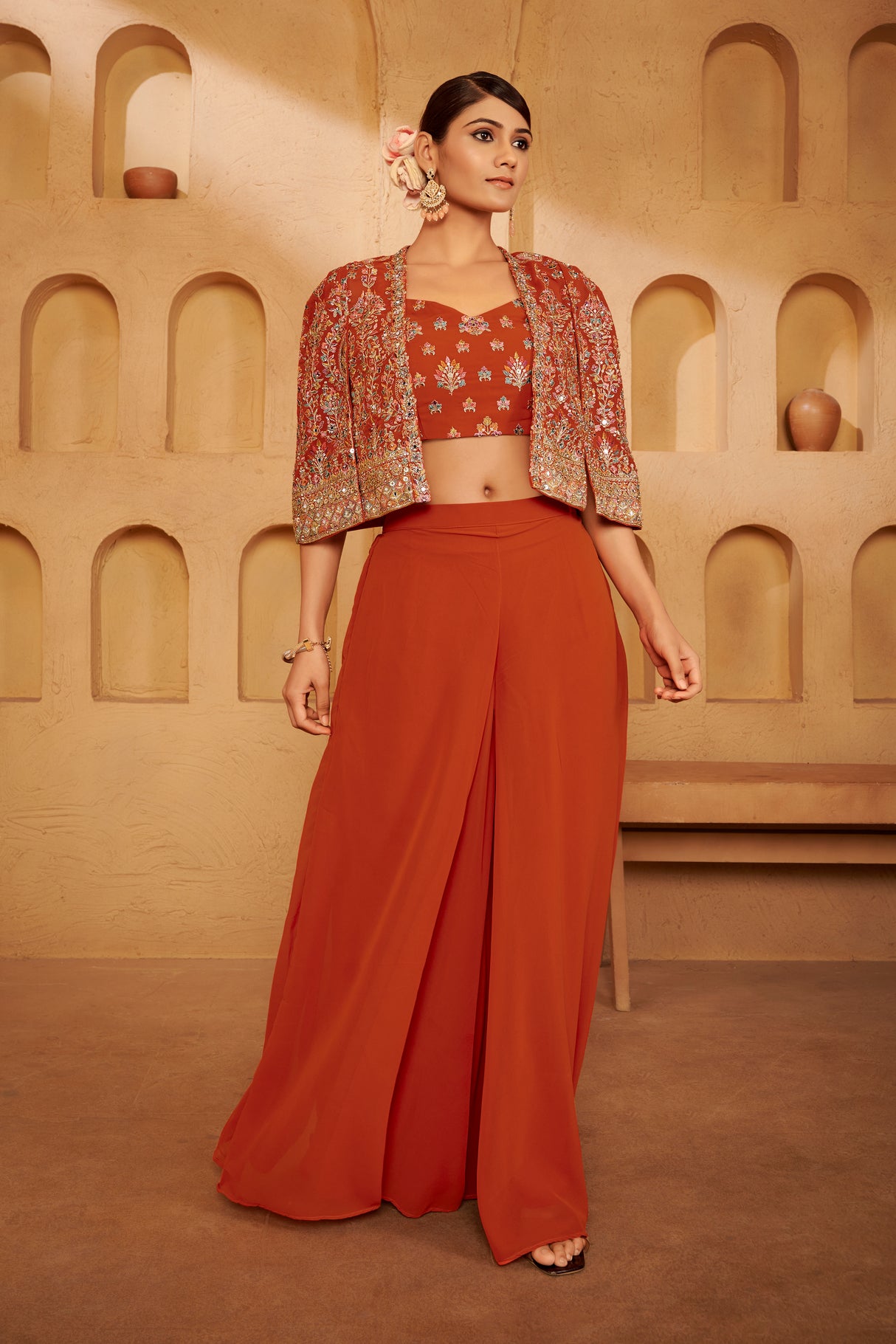 Burnt Rust Embroidered Ethnic Set – Bold Contemporary Luxury with Heritage Detailing
