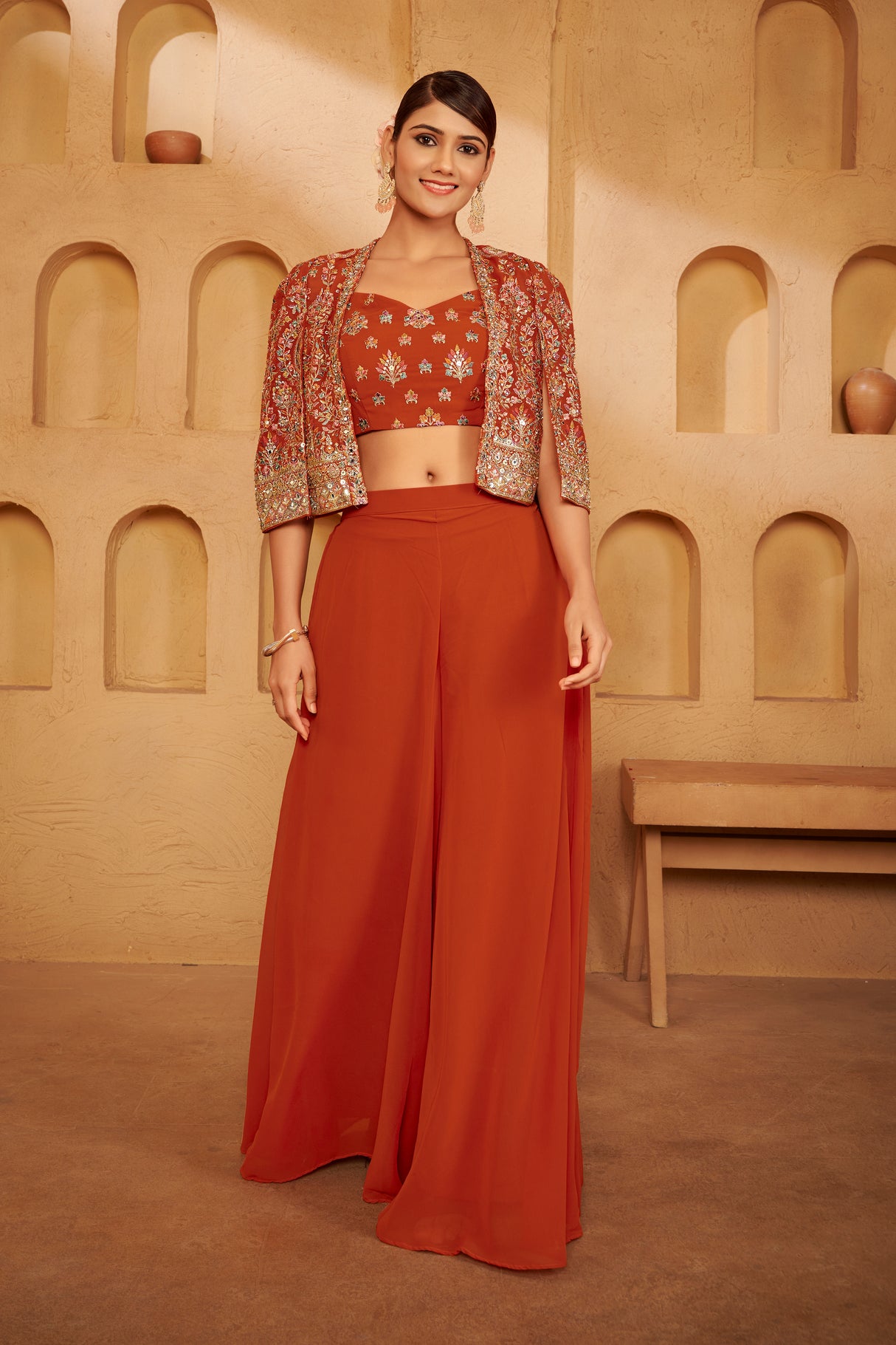 Burnt Rust Embroidered Ethnic Set – Bold Contemporary Luxury with Heritage Detailing