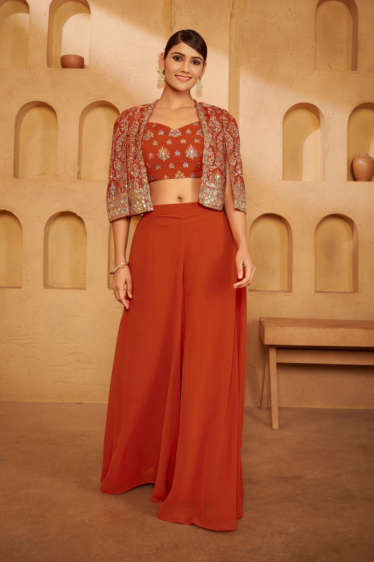 Burnt Rust Embroidered Ethnic Set – Bold Contemporary Luxury with Heritage Detailing - MishUUU