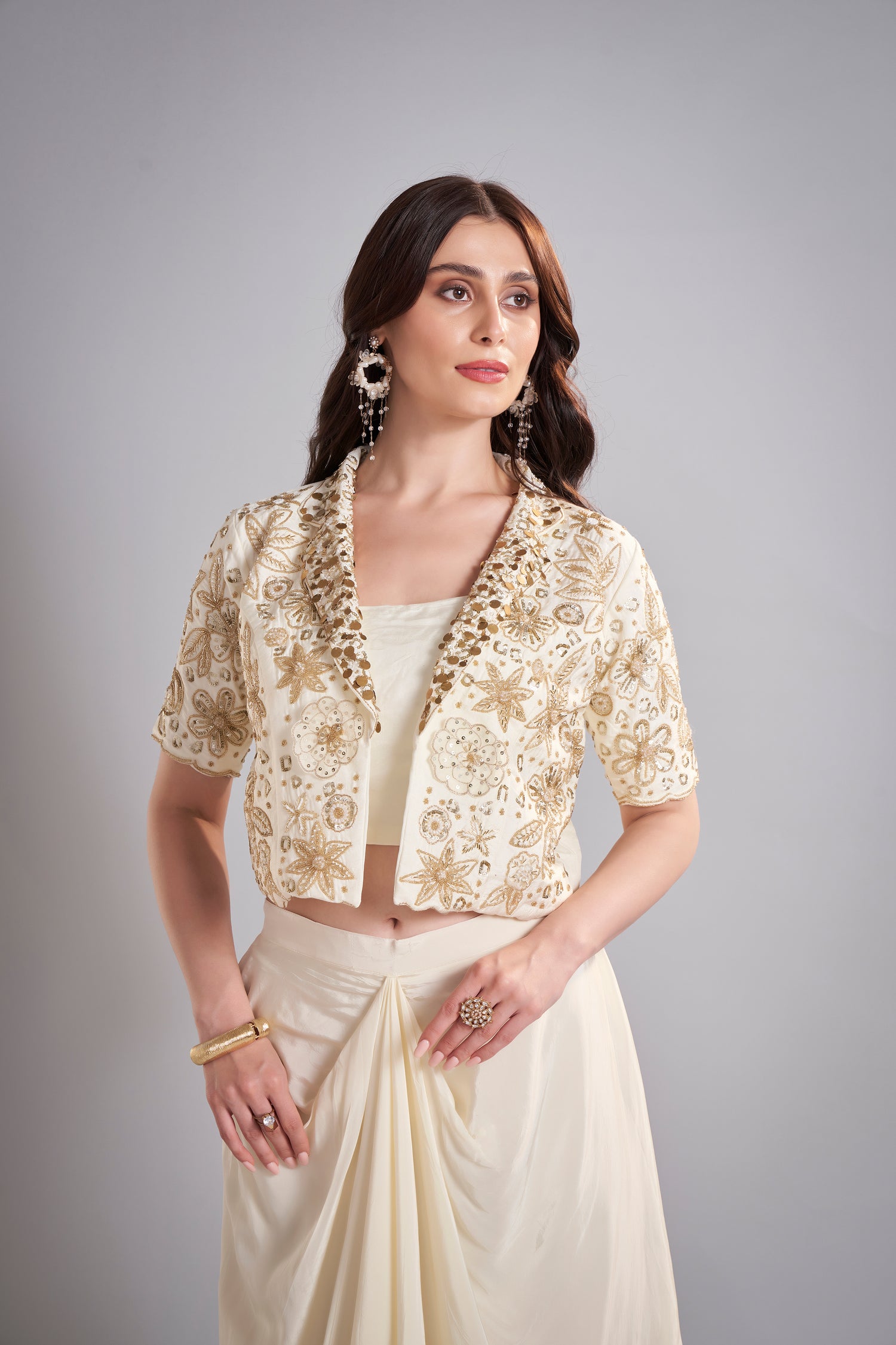 Ivory Draped Skirt with Embroidered Cropped Jacket Set – Contemporary Bridal Reception Outfit