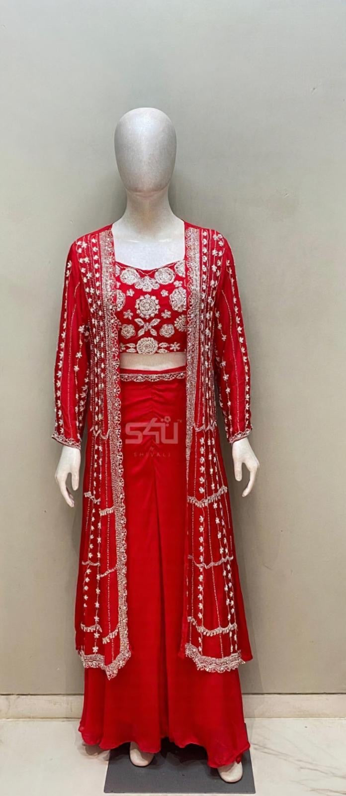 Red Long Jacket Palazzo Set with Handcrafted Detailing | Label S4U
