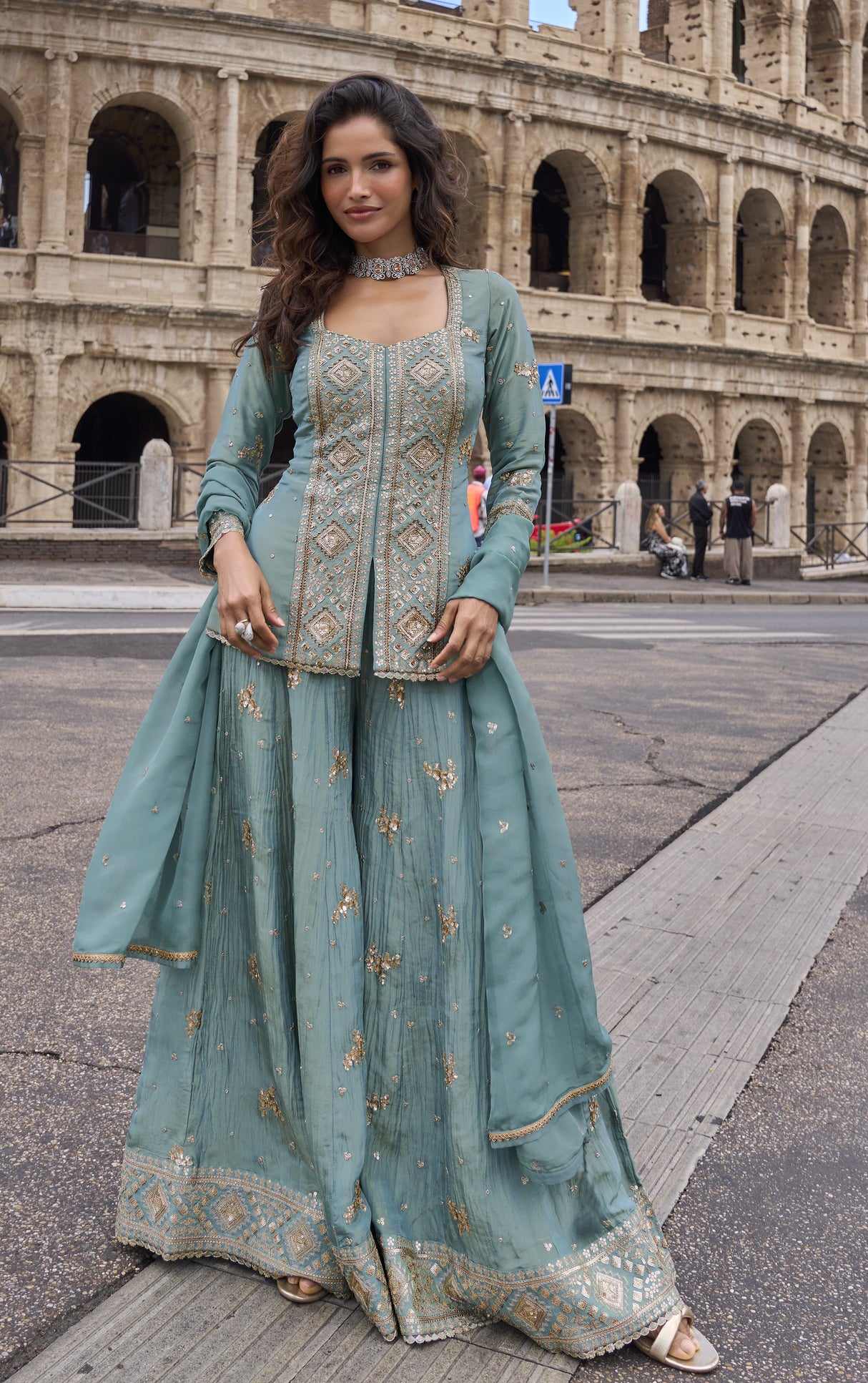 Steel Blue Gold Embroidered Palazzo Couture Ensemble