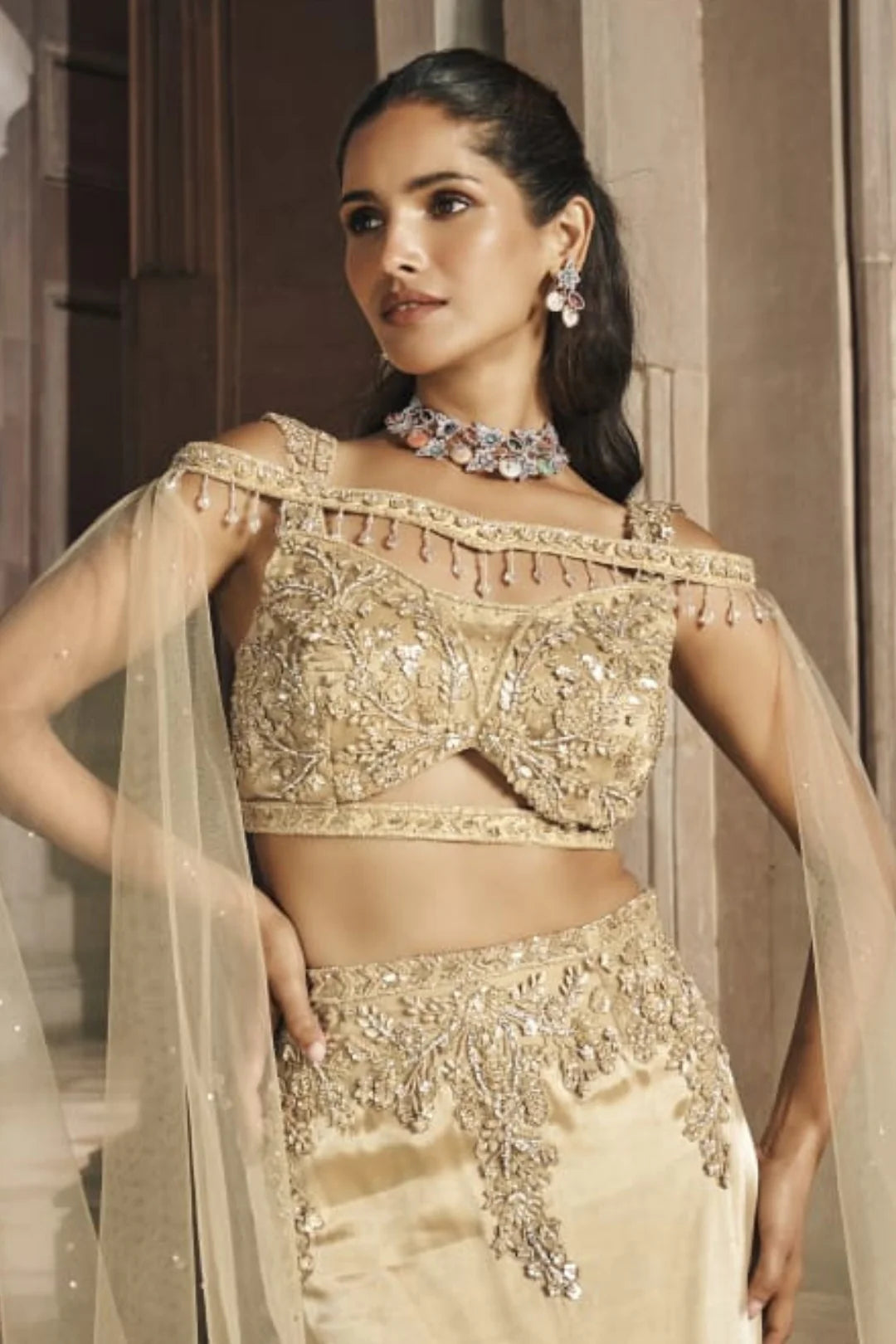 Golden Mermaid Lehenga with Handcrafted Blouse