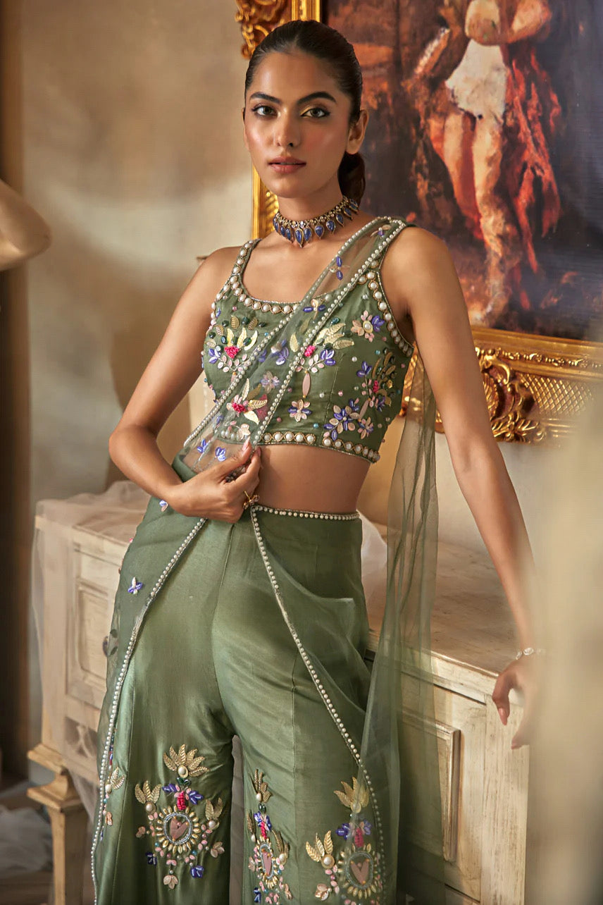 Olive Green Palazzo Embroidered Outfit