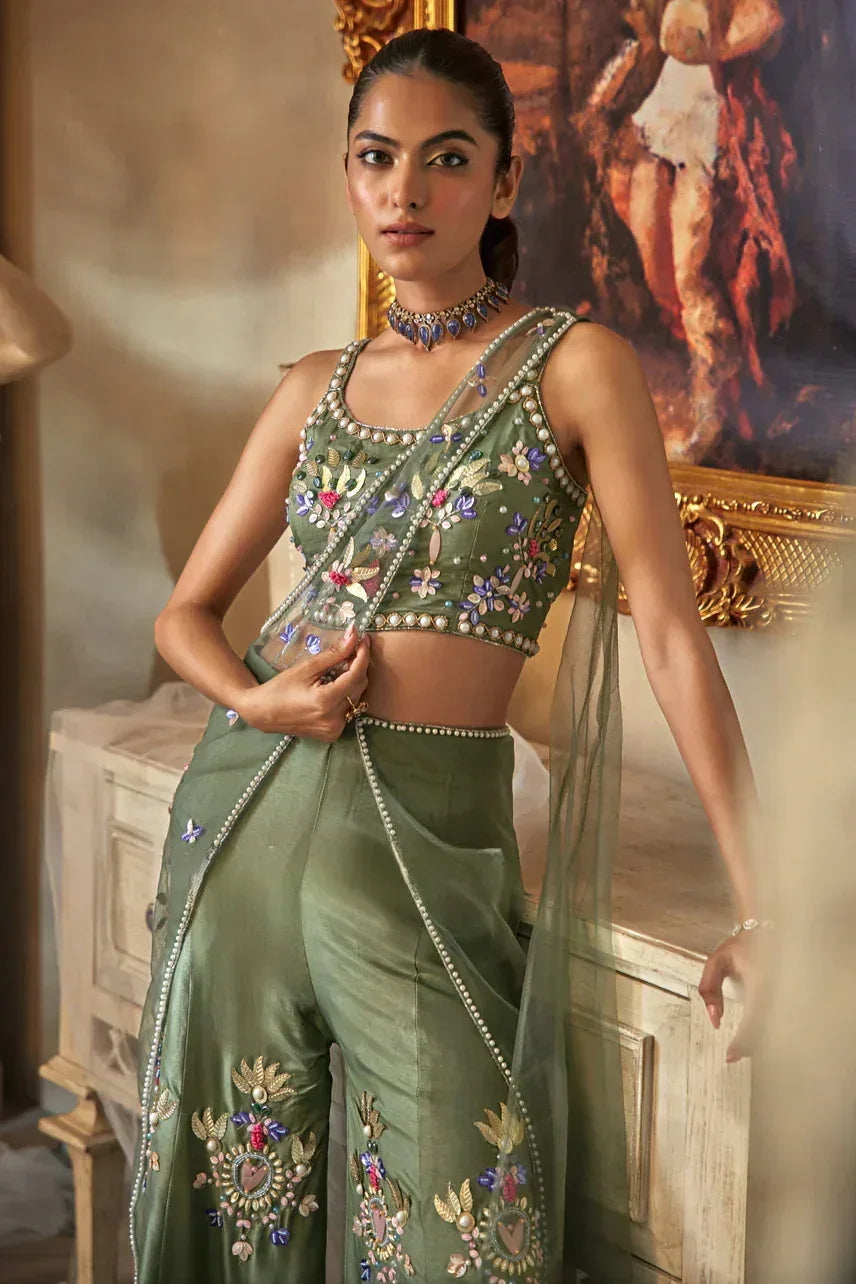 Olive Green Palazzo Embroidered Outfit - MishUUU