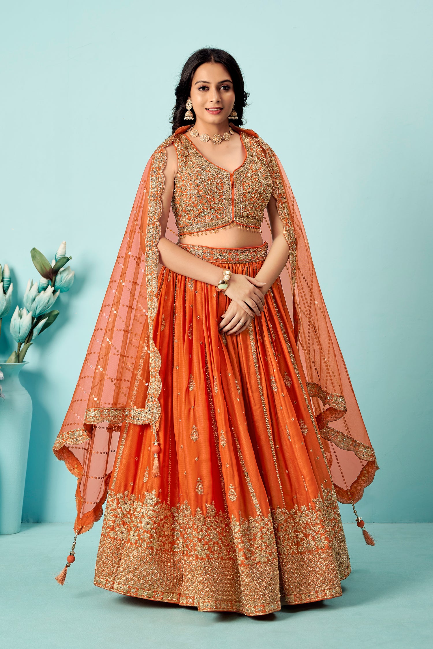 Tangerine Orange Raw Silk Bridal Lehenga Set with Heavy Zardozi Embroidery & Sequin Mesh Dupatta