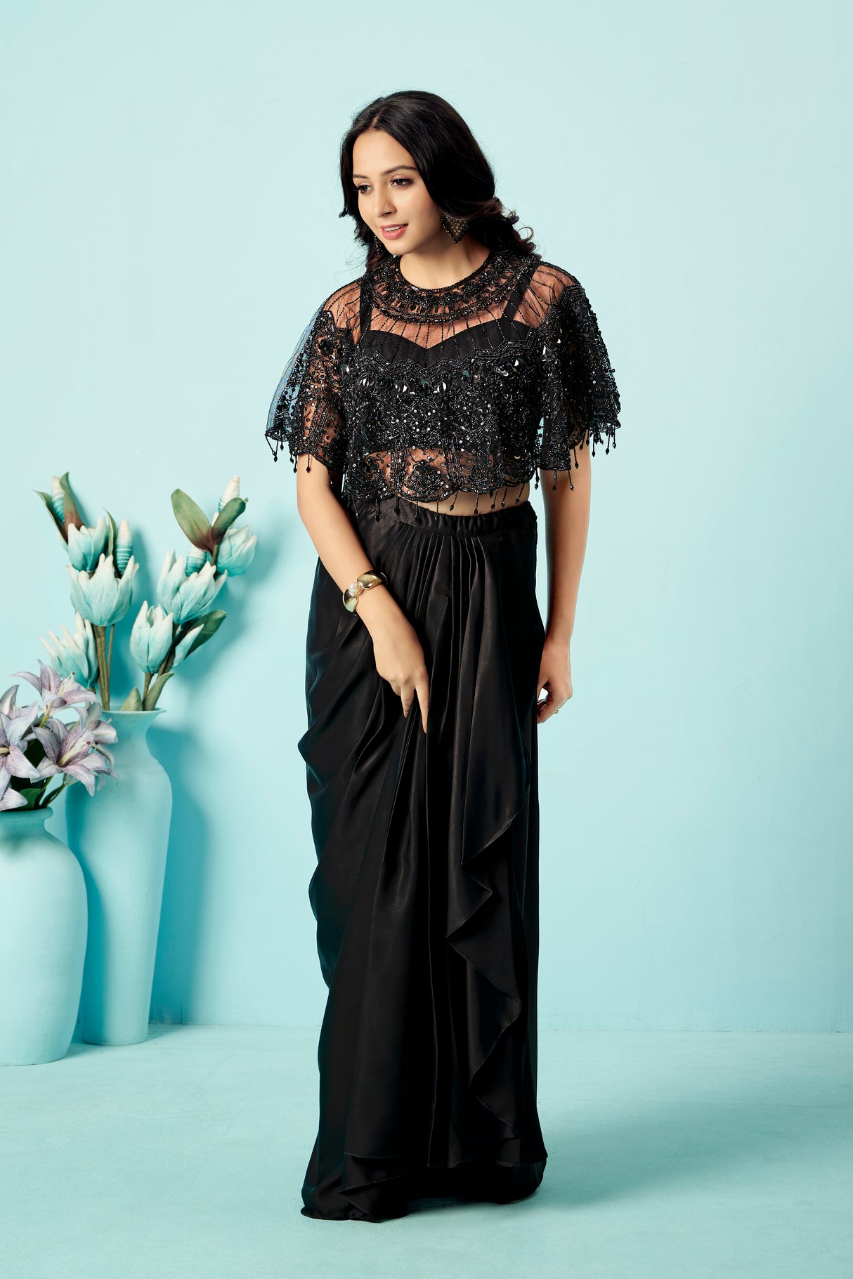 Midnight Black Sequin Cape Blouse & Draped Satin Dhoti Skirt Set