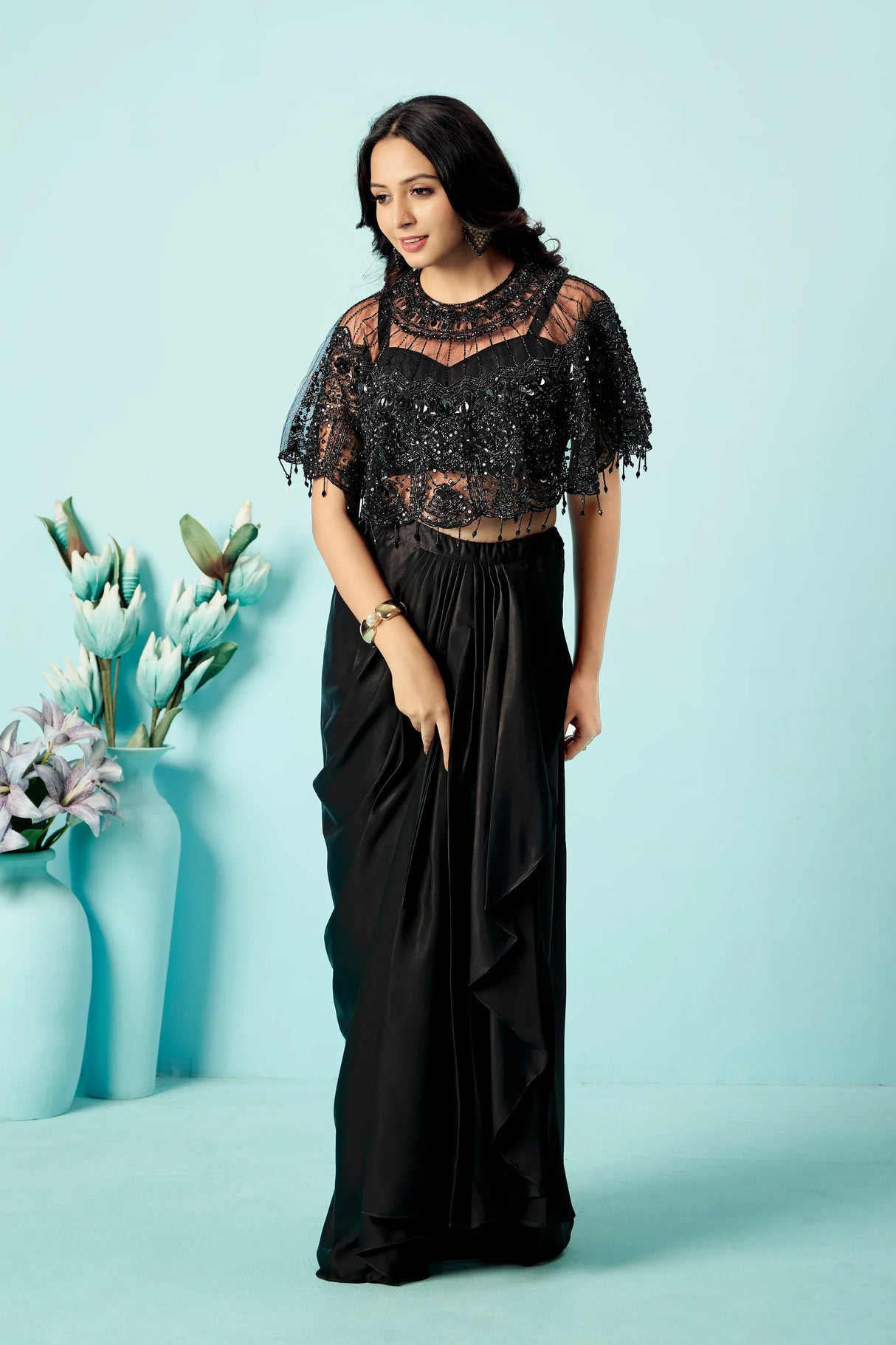 Midnight Black Sequin Cape Blouse & Draped Satin Dhoti Skirt Set - MishUUU