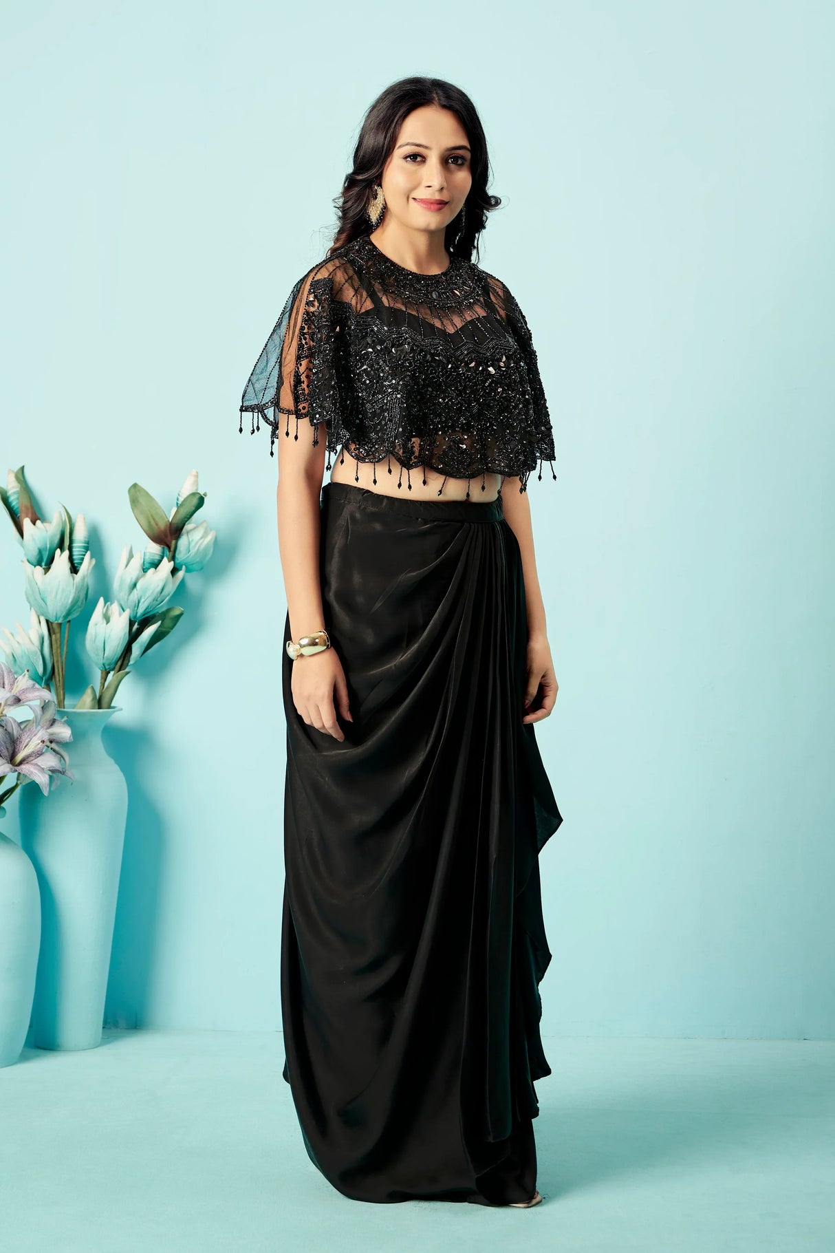 Midnight Black Sequin Cape Blouse & Draped Satin Dhoti Skirt Set - MishUUU
