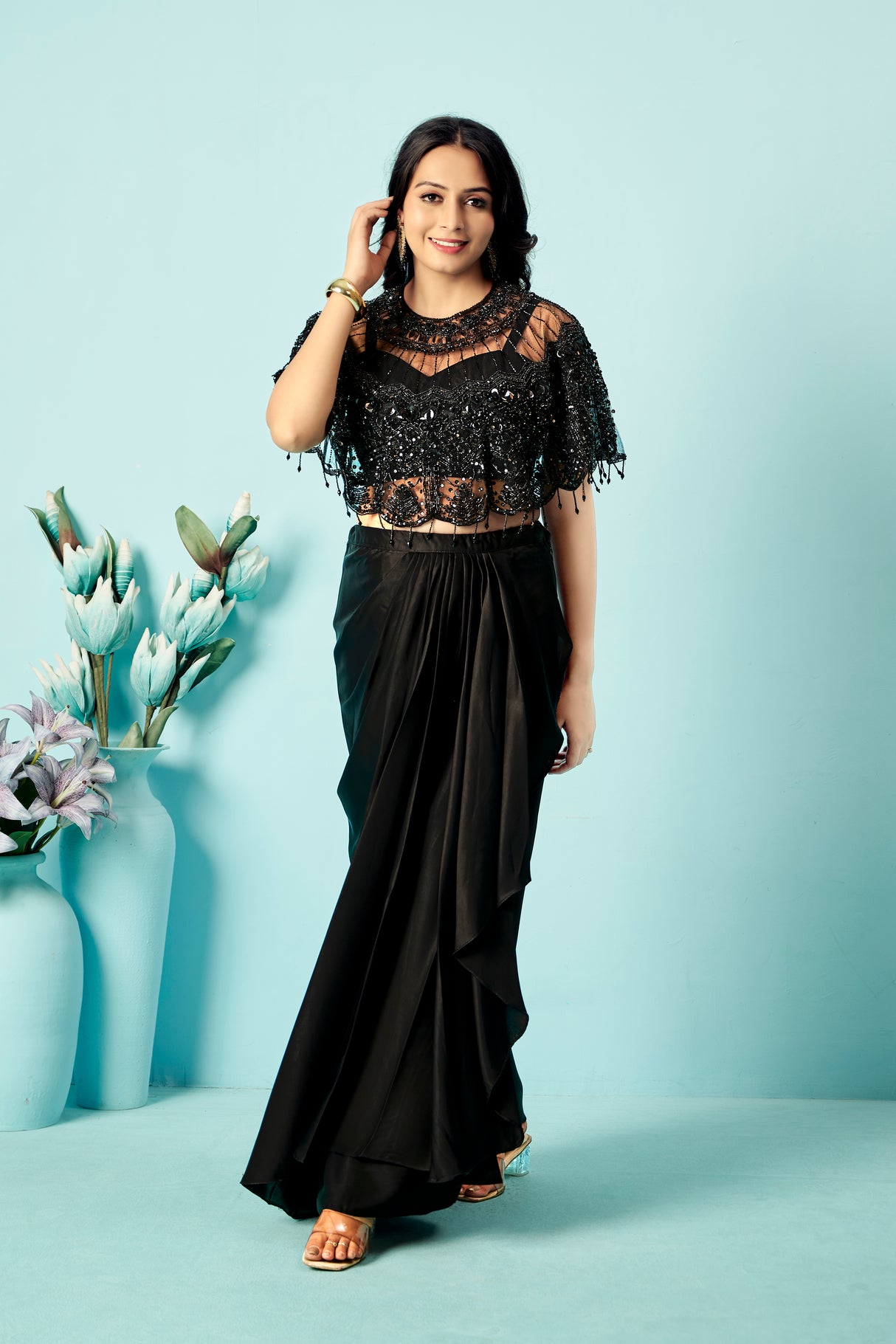 Midnight Black Sequin Cape Blouse & Draped Satin Dhoti Skirt Set