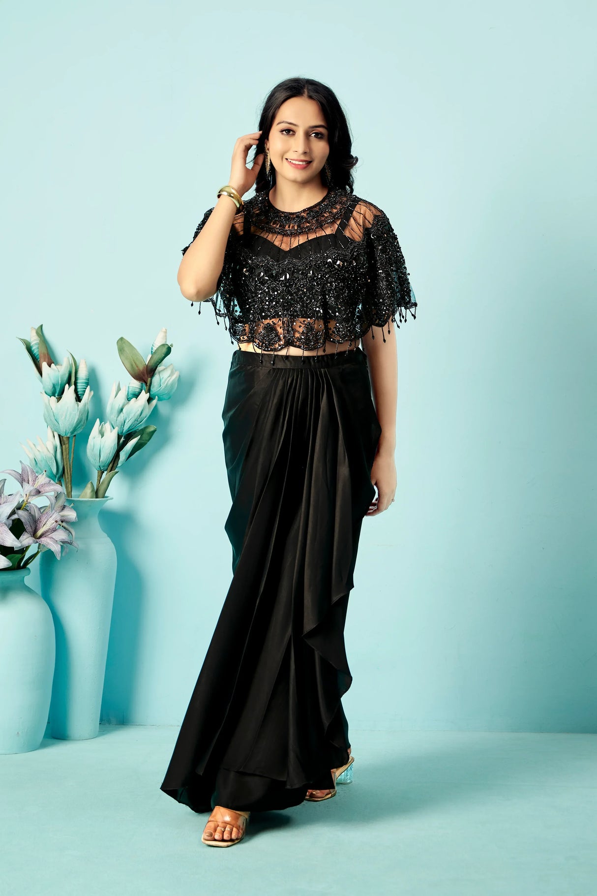 Midnight Black Sequin Cape Blouse & Draped Satin Dhoti Skirt Set - MishUUU