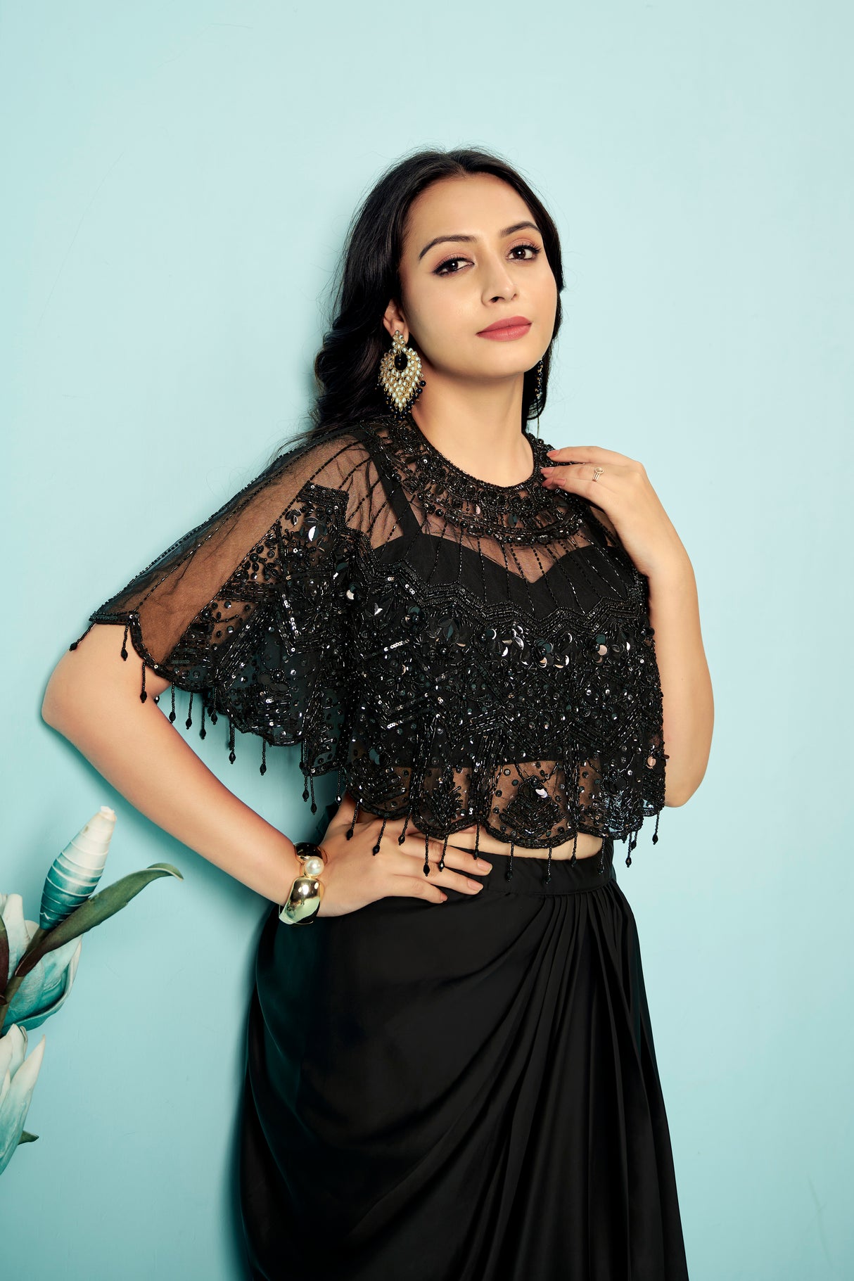 Midnight Black Sequin Cape Blouse & Draped Satin Dhoti Skirt Set