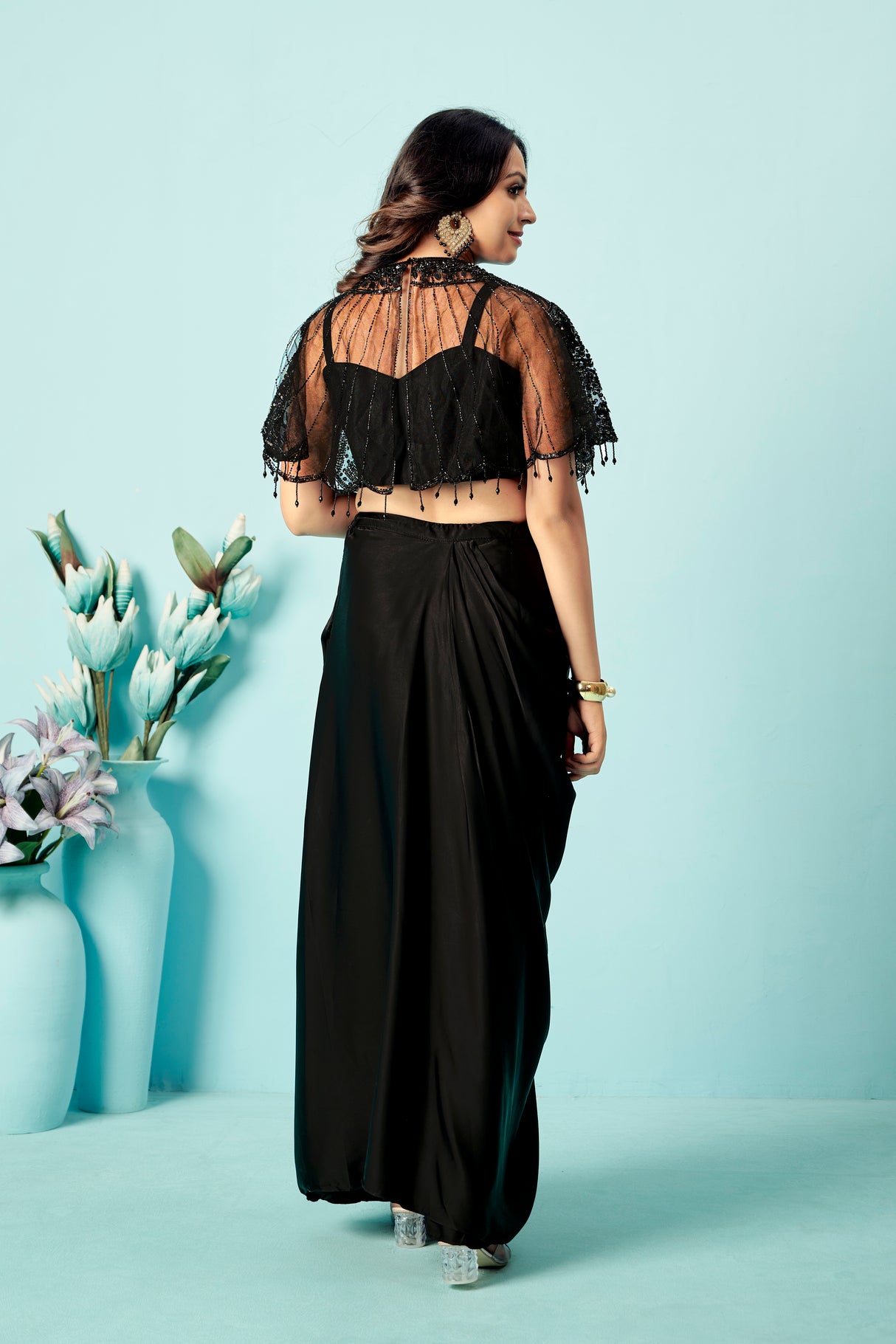 Midnight Black Sequin Cape Blouse & Draped Satin Dhoti Skirt Set