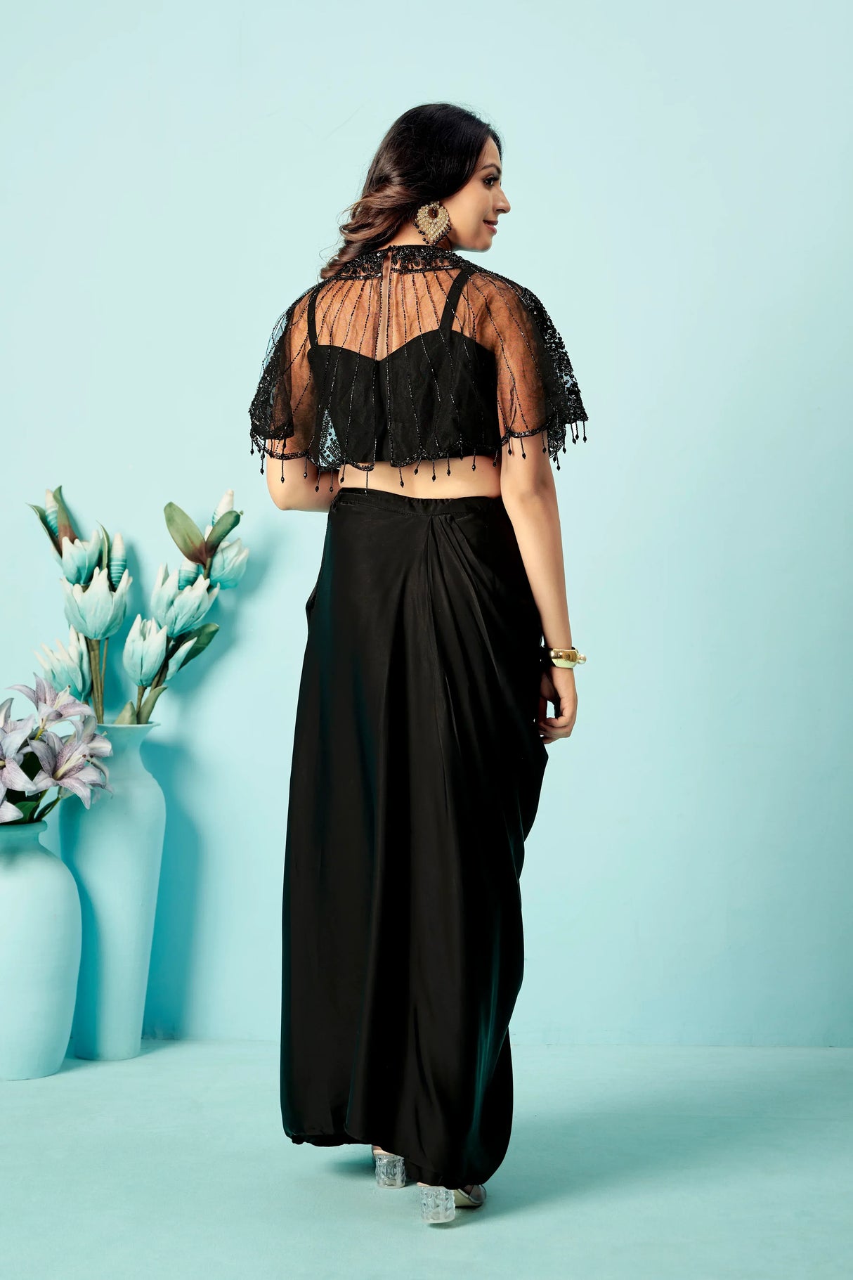 Midnight Black Sequin Cape Blouse & Draped Satin Dhoti Skirt Set - MishUUU