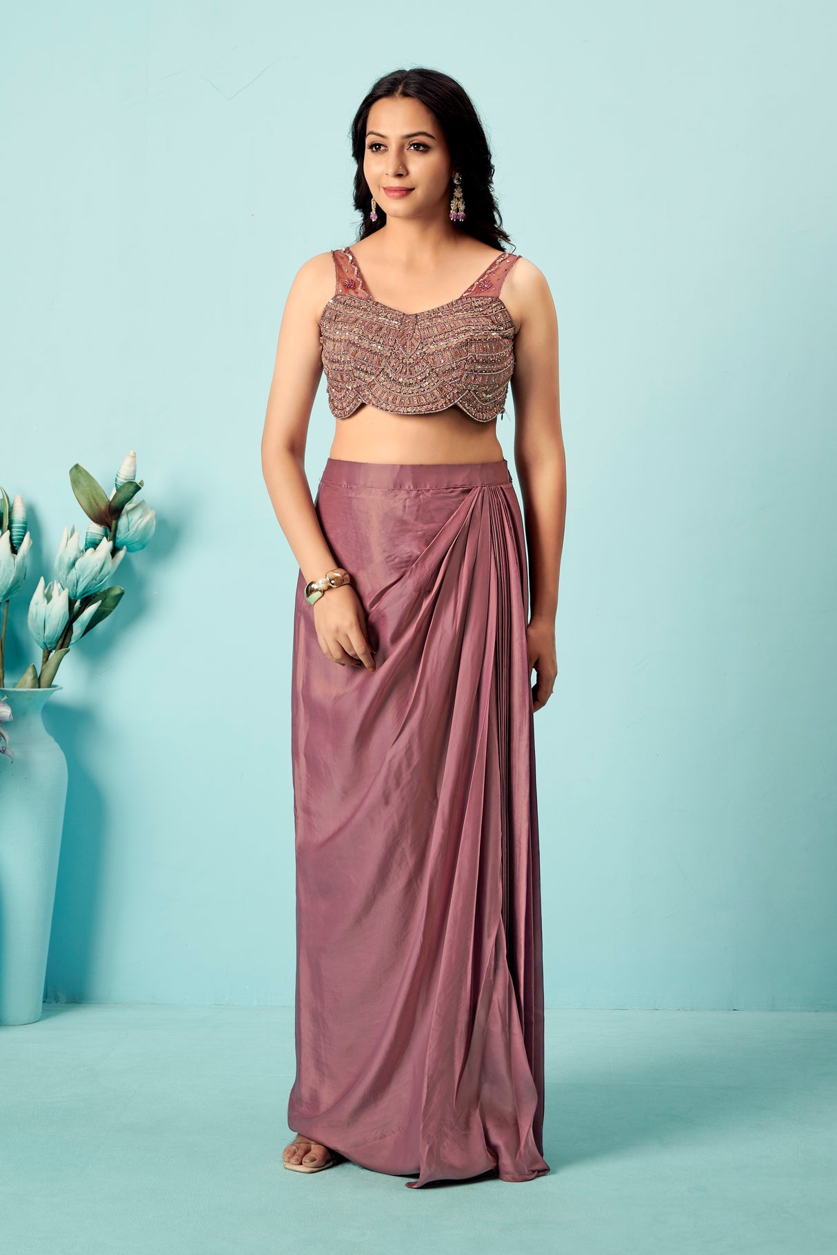 Mauve Draped Satin Saree Gown with Embroidered Scallop Blouse & Cape Pallu – Indo-Western Cocktail & Wedding Wear
