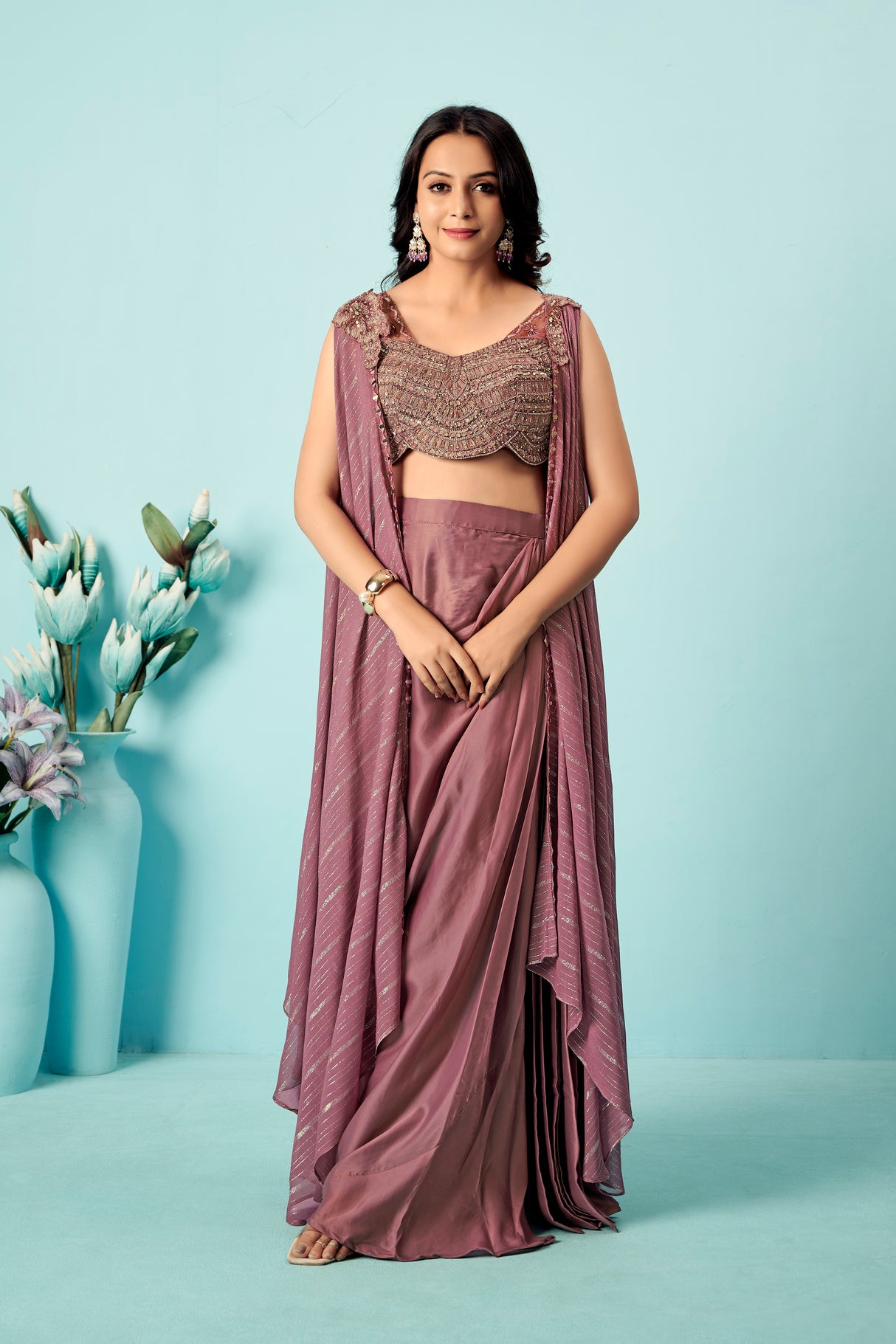 Mauve Draped Satin Saree Gown with Embroidered Scallop Blouse & Cape Pallu – Indo-Western Cocktail & Wedding Wear